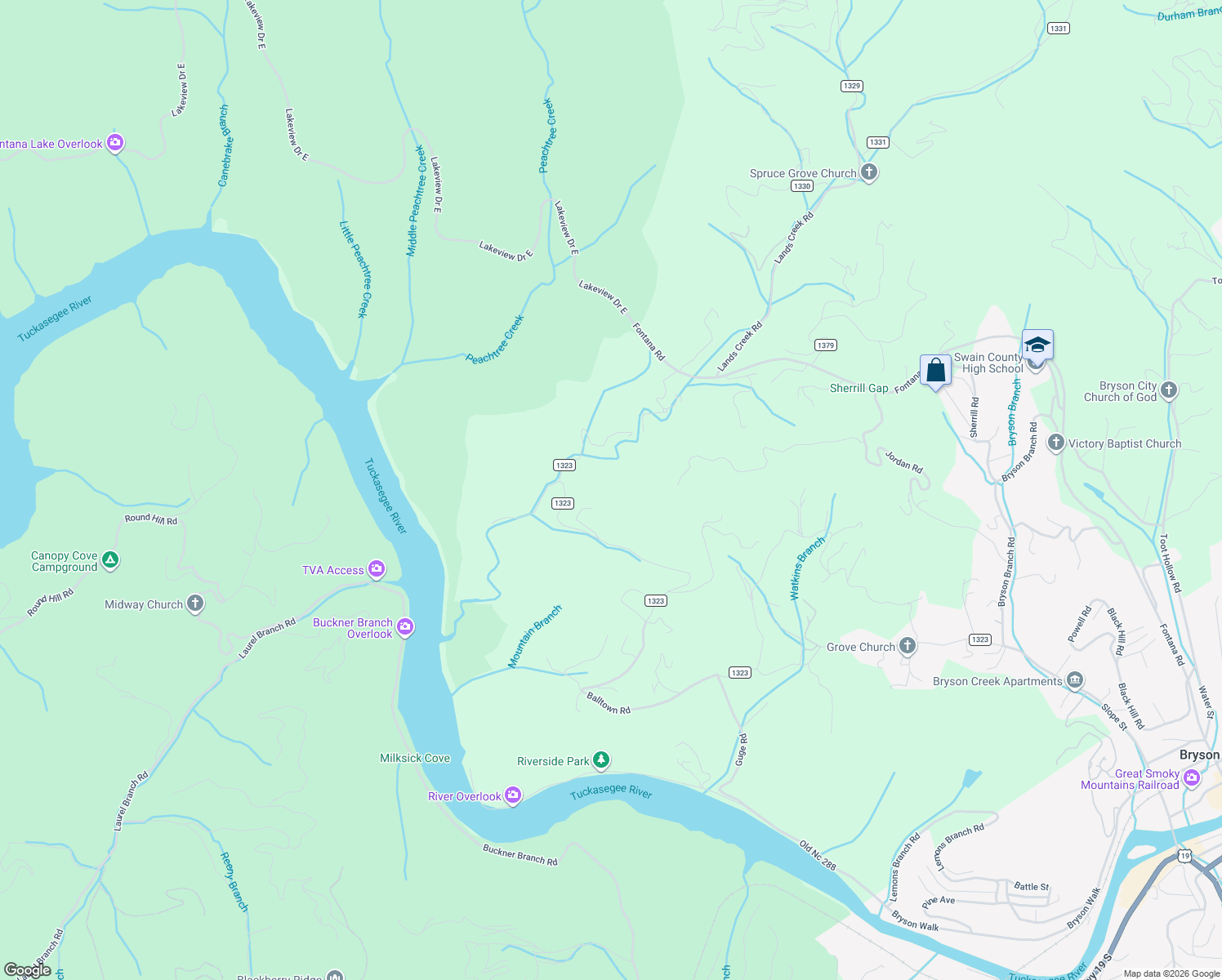 map of restaurants, bars, coffee shops, grocery stores, and more near 215 Soaring Eagle Rd. in Bryson City