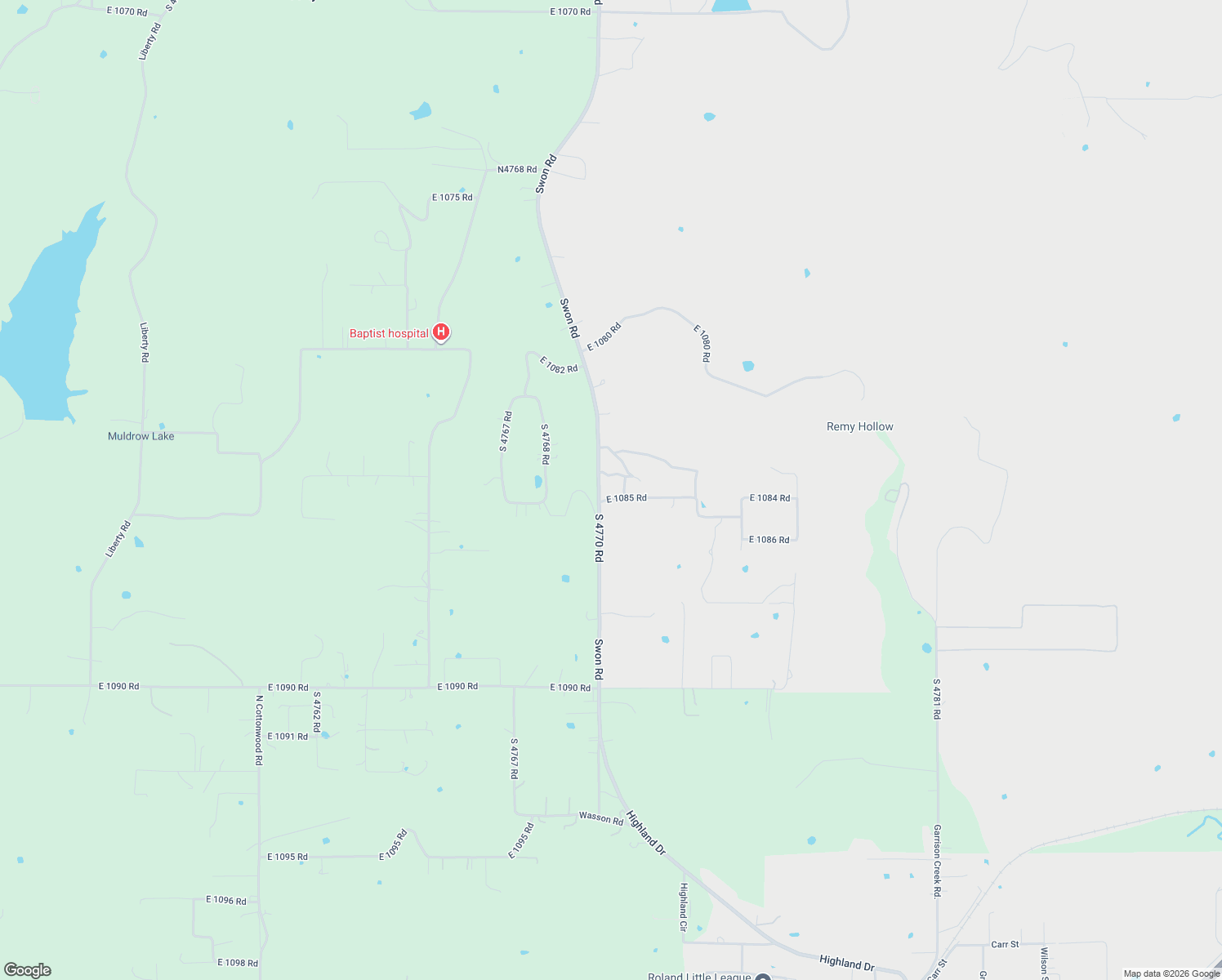 map of restaurants, bars, coffee shops, grocery stores, and more near 477073 East 1085 Road in Roland
