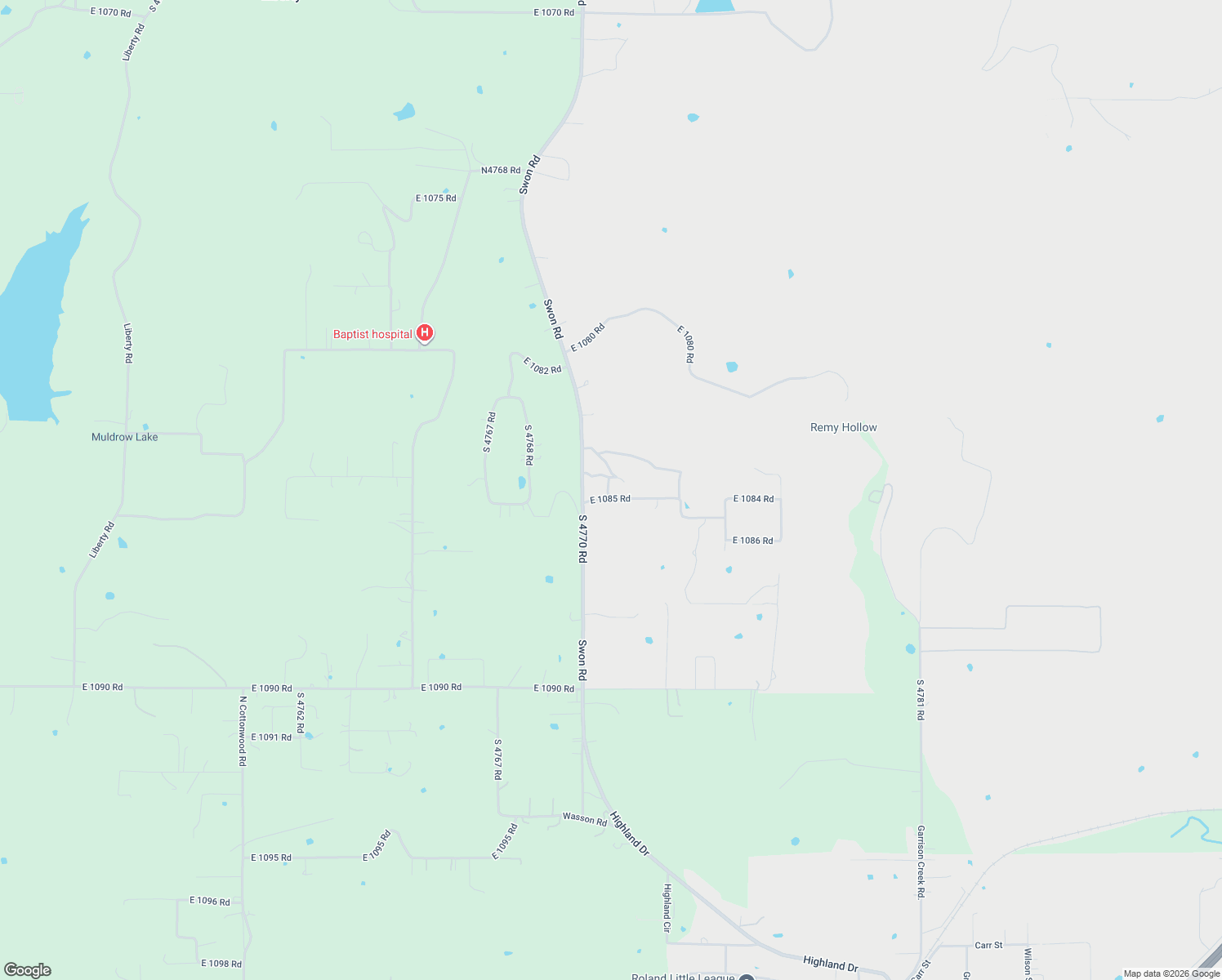 map of restaurants, bars, coffee shops, grocery stores, and more near 477073 East 1085 Road in Roland