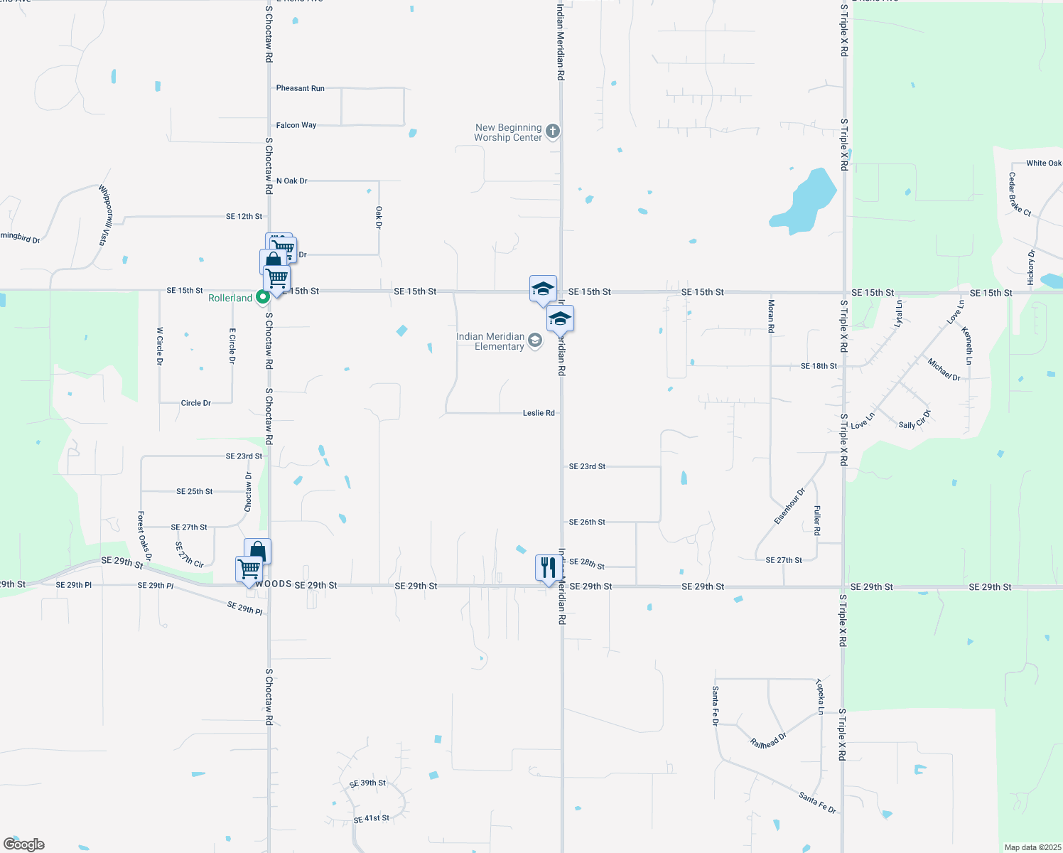 map of restaurants, bars, coffee shops, grocery stores, and more near 15890 Leslie Road in Choctaw