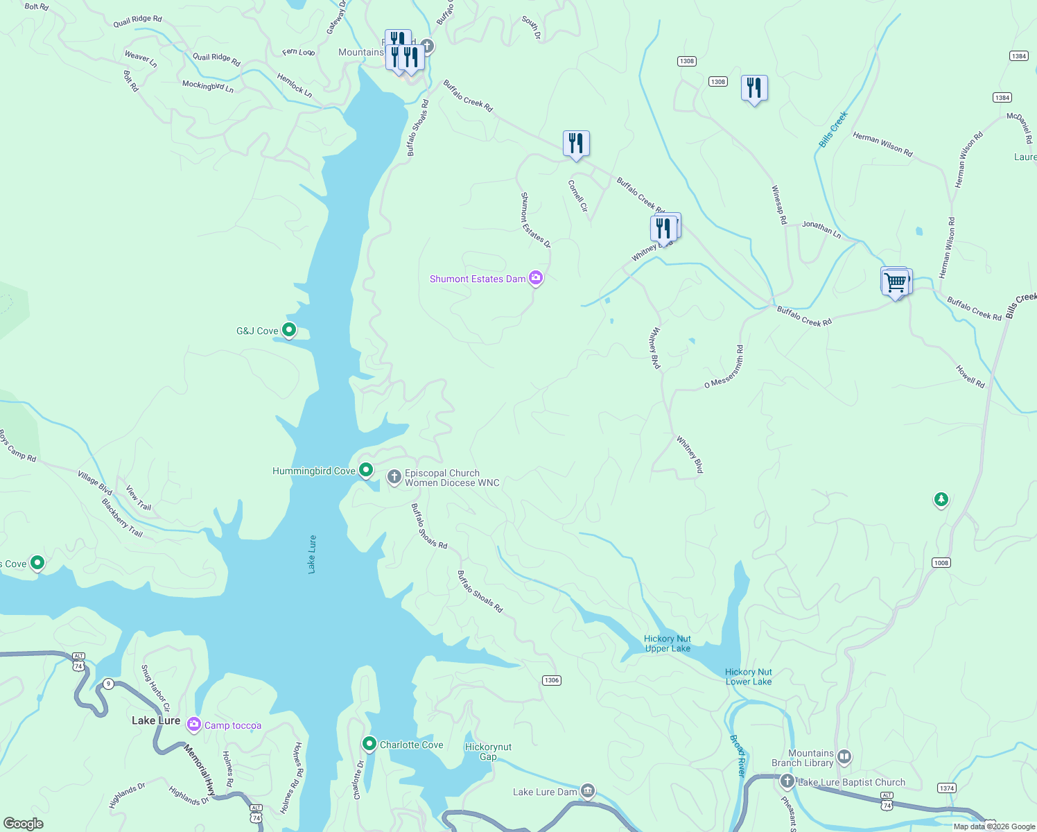 map of restaurants, bars, coffee shops, grocery stores, and more near 169 Overlook Point Lane in Lake Lure