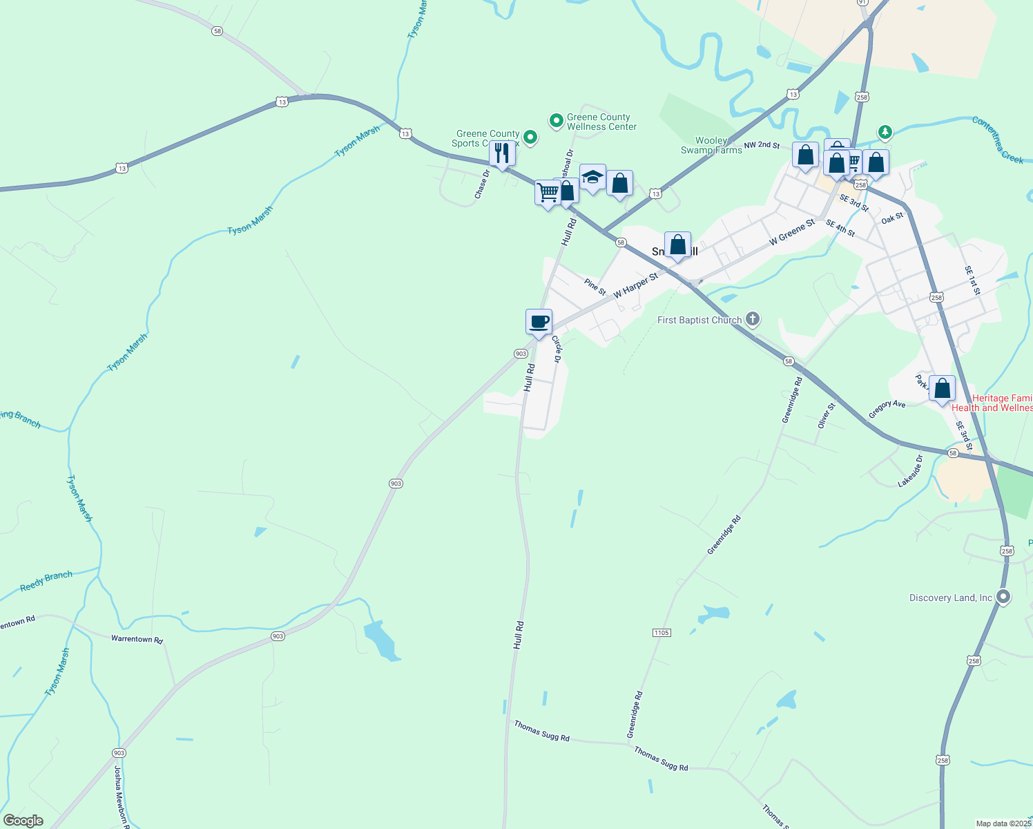 map of restaurants, bars, coffee shops, grocery stores, and more near 1015 Hull Road in Snow Hill