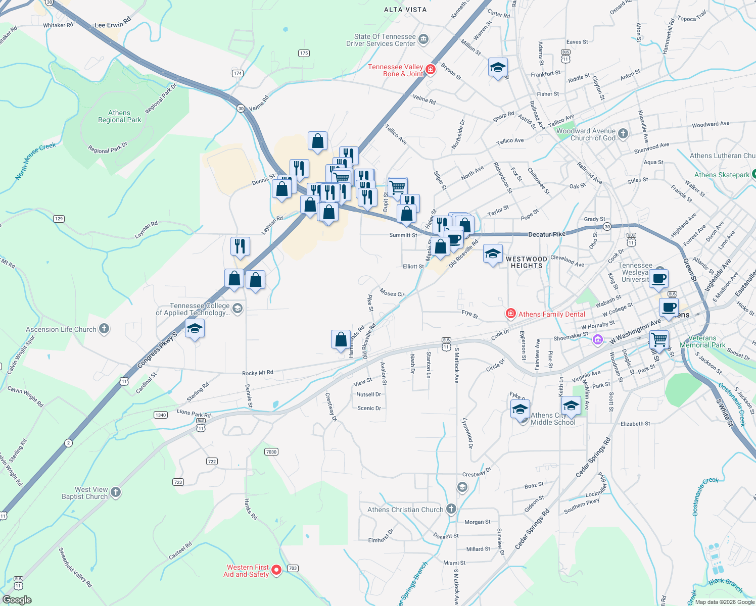 map of restaurants, bars, coffee shops, grocery stores, and more near 112 Aldridge Ln in Athens