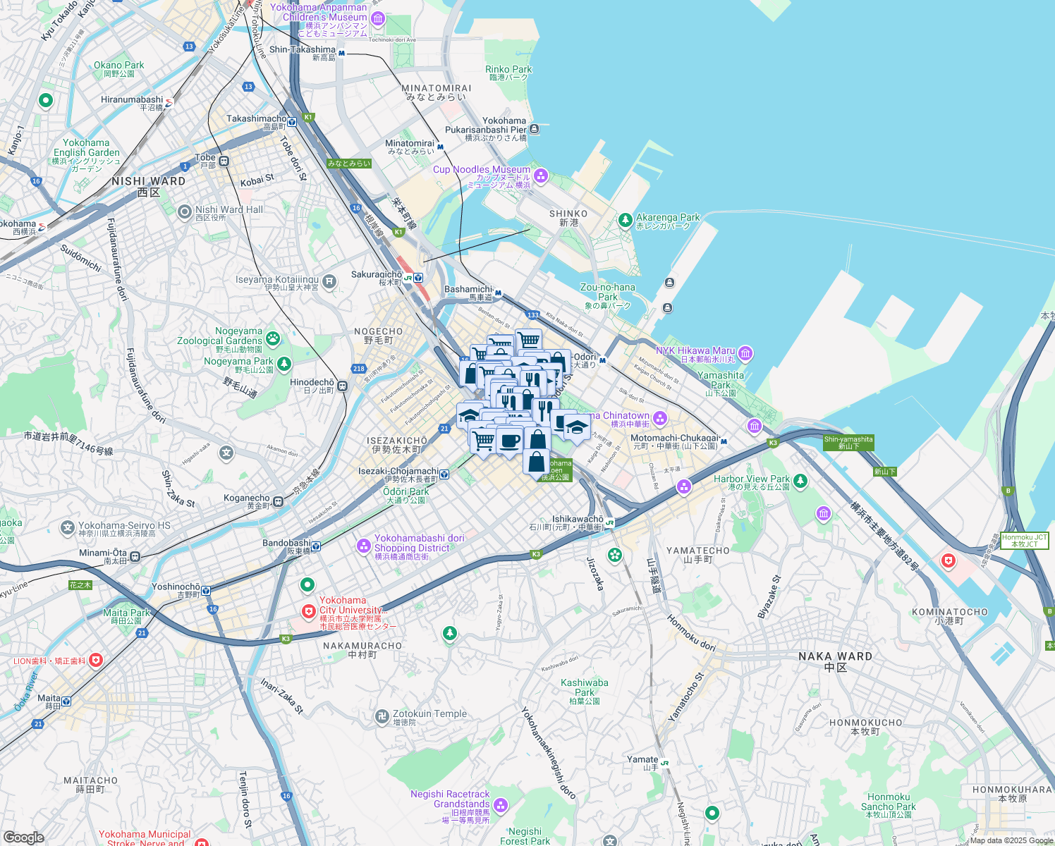 map of restaurants, bars, coffee shops, grocery stores, and more near in Yokohama