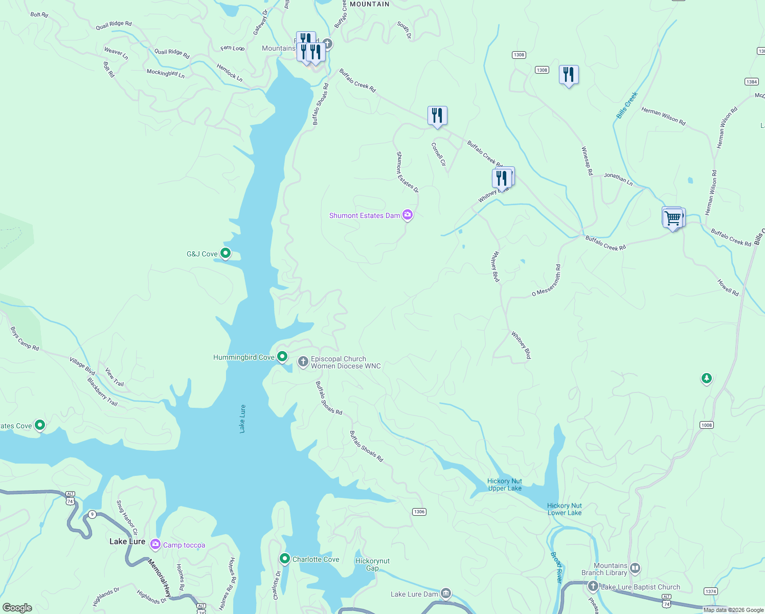 map of restaurants, bars, coffee shops, grocery stores, and more near 169 Overlook Point Lane in Lake Lure