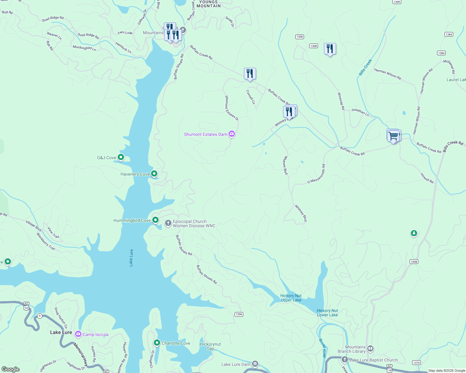 map of restaurants, bars, coffee shops, grocery stores, and more near 352 Kincaid Drive in Lake Lure