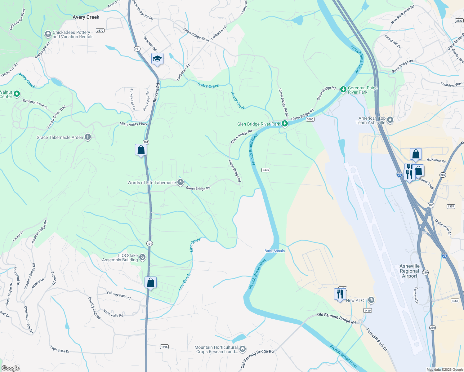map of restaurants, bars, coffee shops, grocery stores, and more near 762 Glenn Bridge Road in Arden