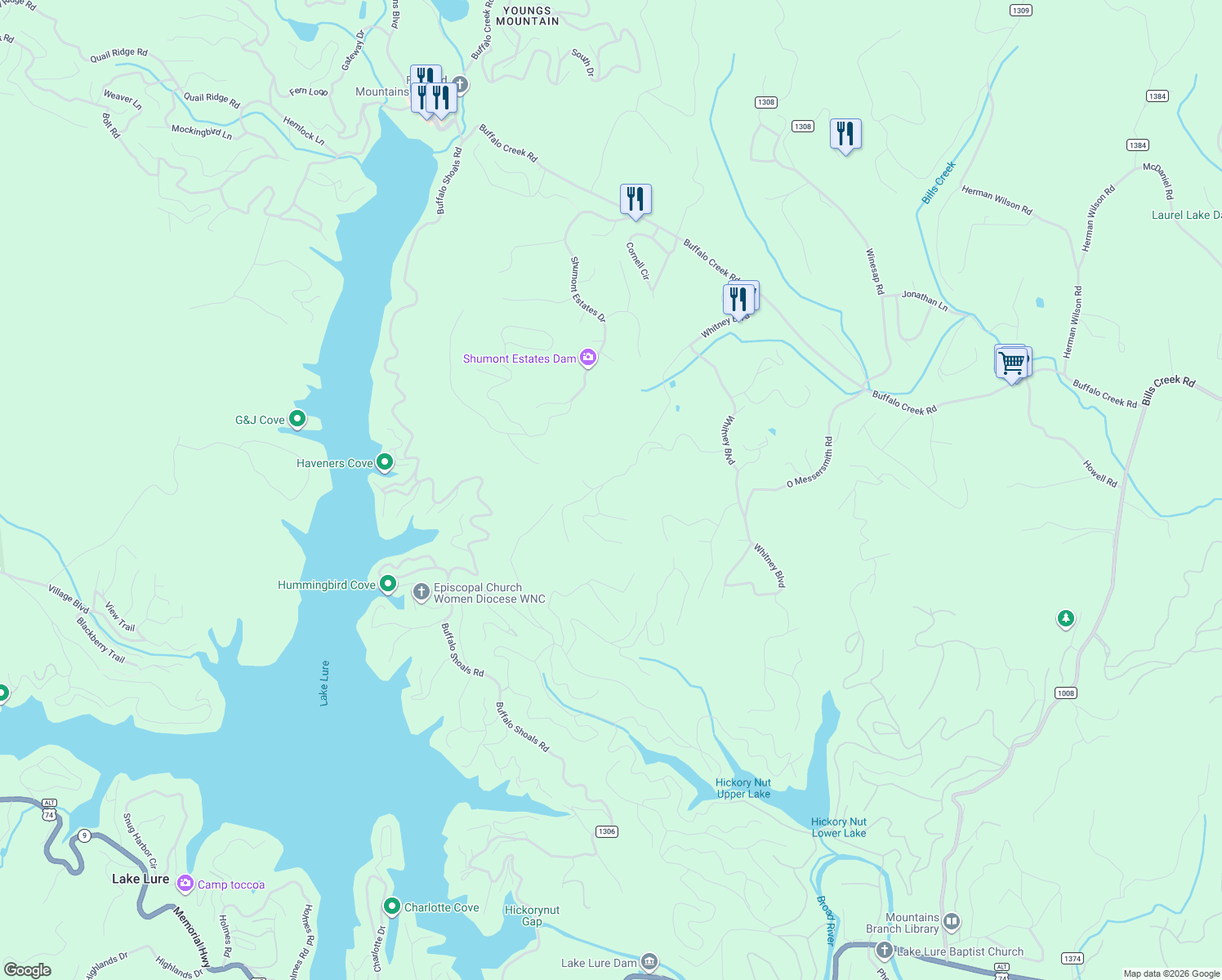 map of restaurants, bars, coffee shops, grocery stores, and more near 352 Kincaid Drive in Lake Lure