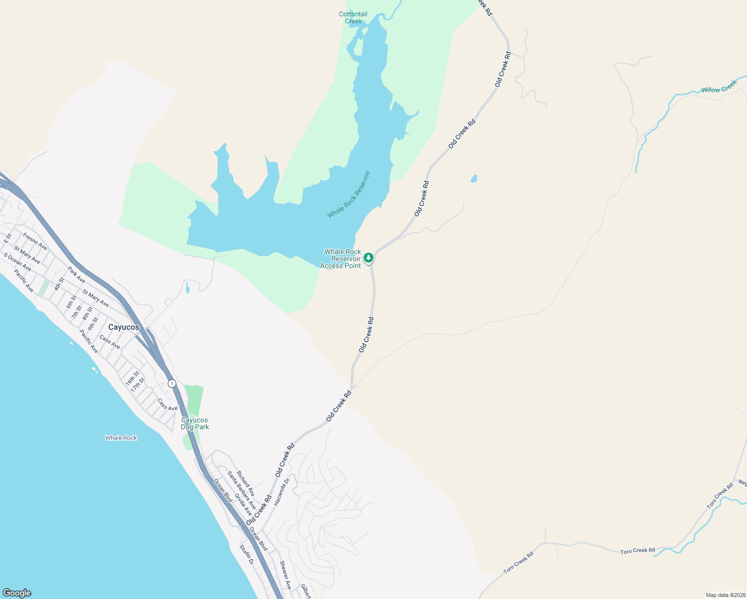 map of restaurants, bars, coffee shops, grocery stores, and more near Old Creek Road in Cayucos