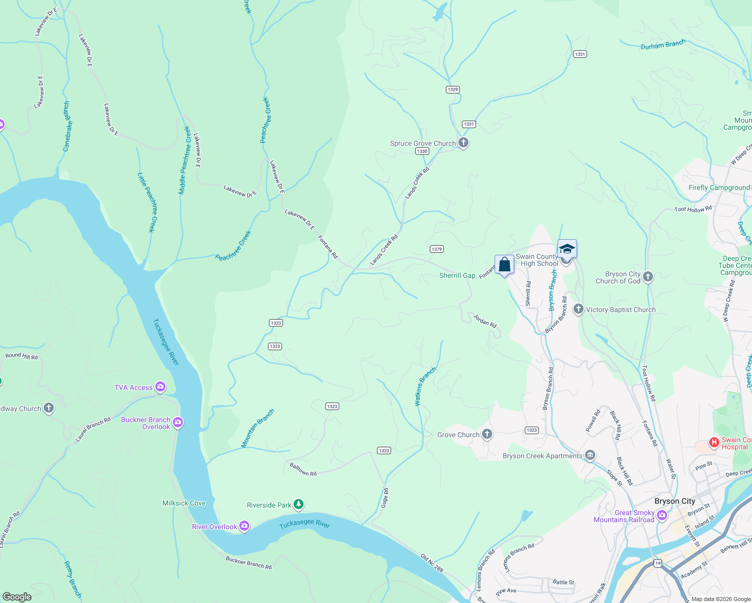 map of restaurants, bars, coffee shops, grocery stores, and more near 1323 Lands Creek Road in Bryson City