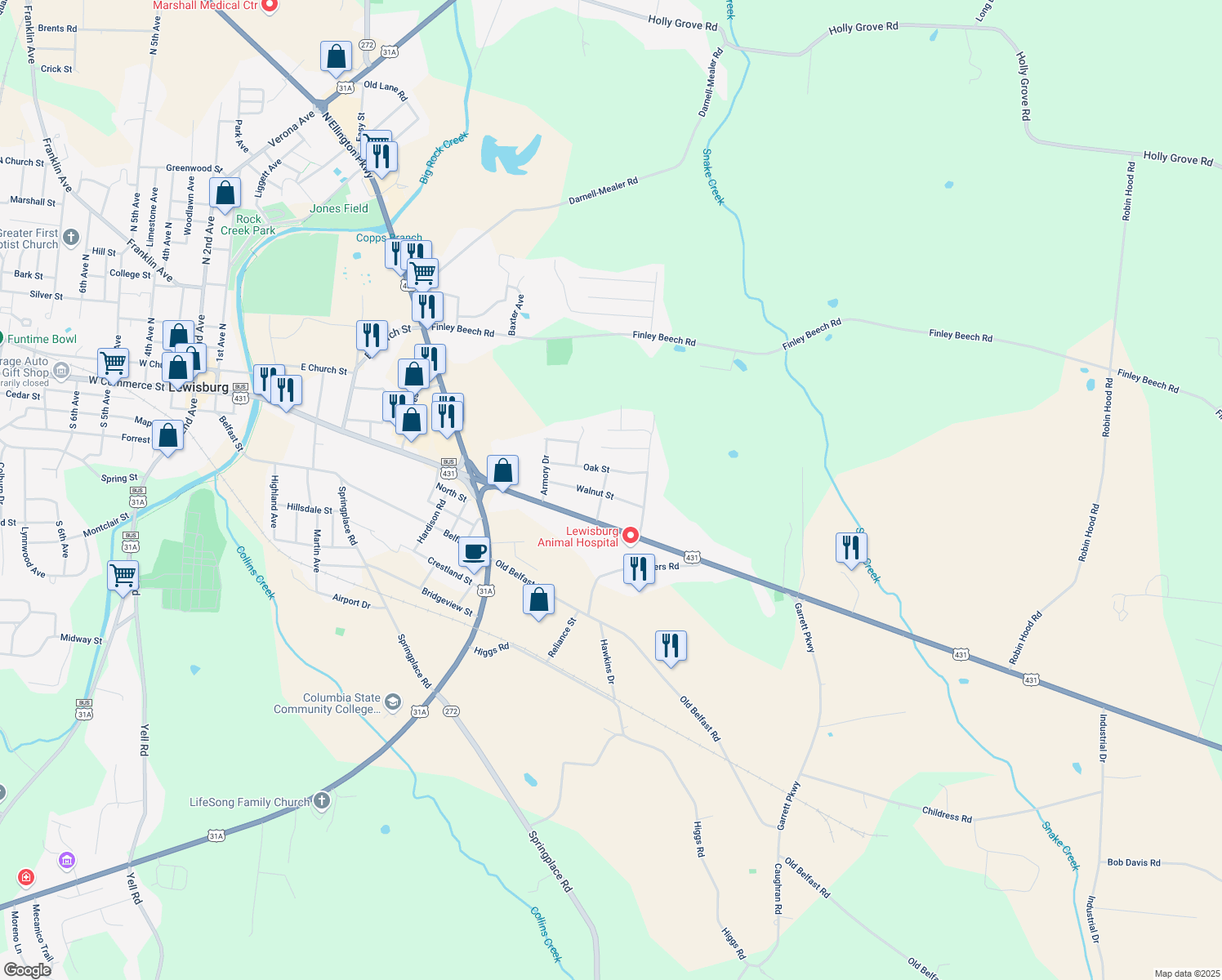 map of restaurants, bars, coffee shops, grocery stores, and more near 207 Hickory Drive in Lewisburg