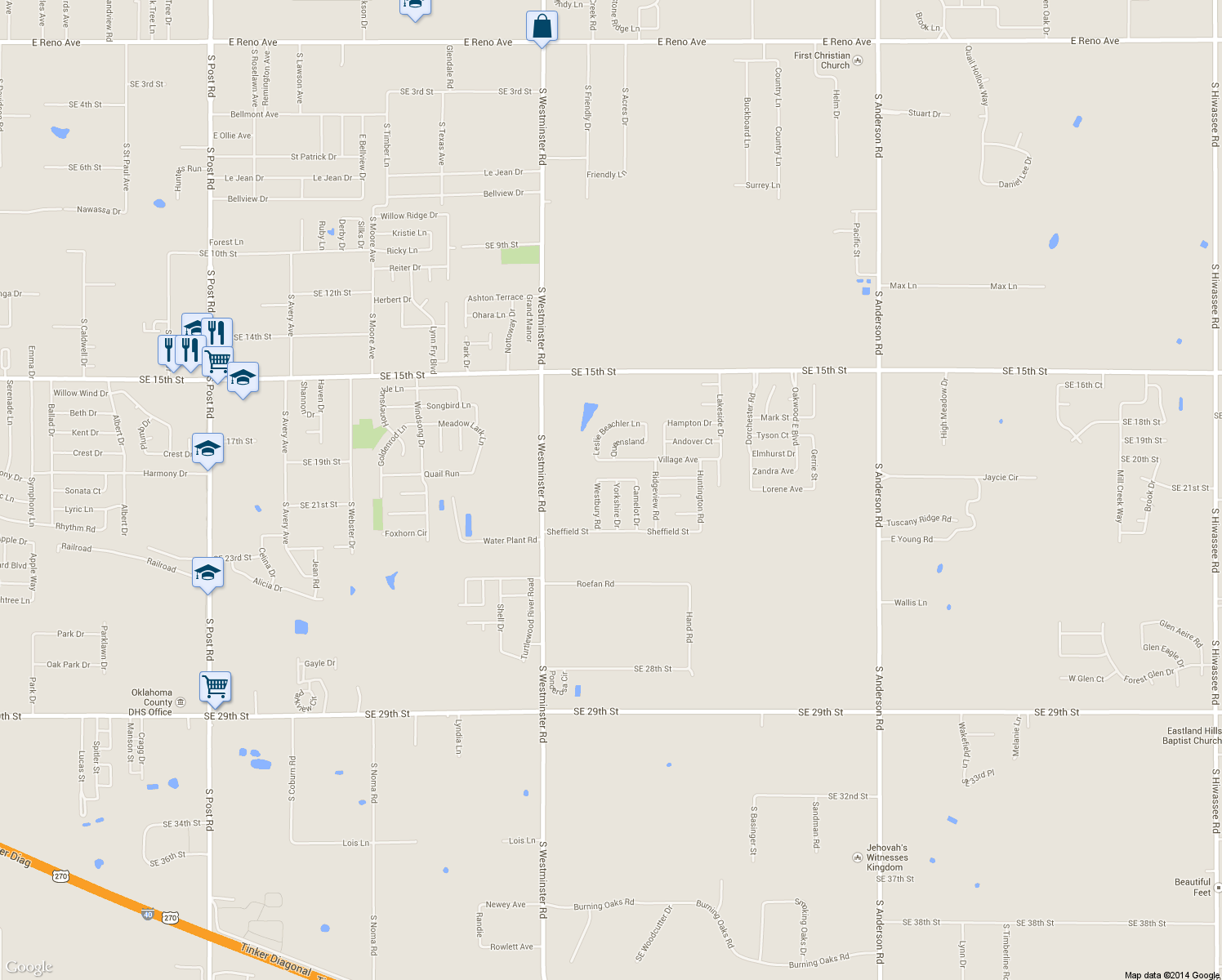 map of restaurants, bars, coffee shops, grocery stores, and more near 2031 Yorkshire Drive in Midwest City