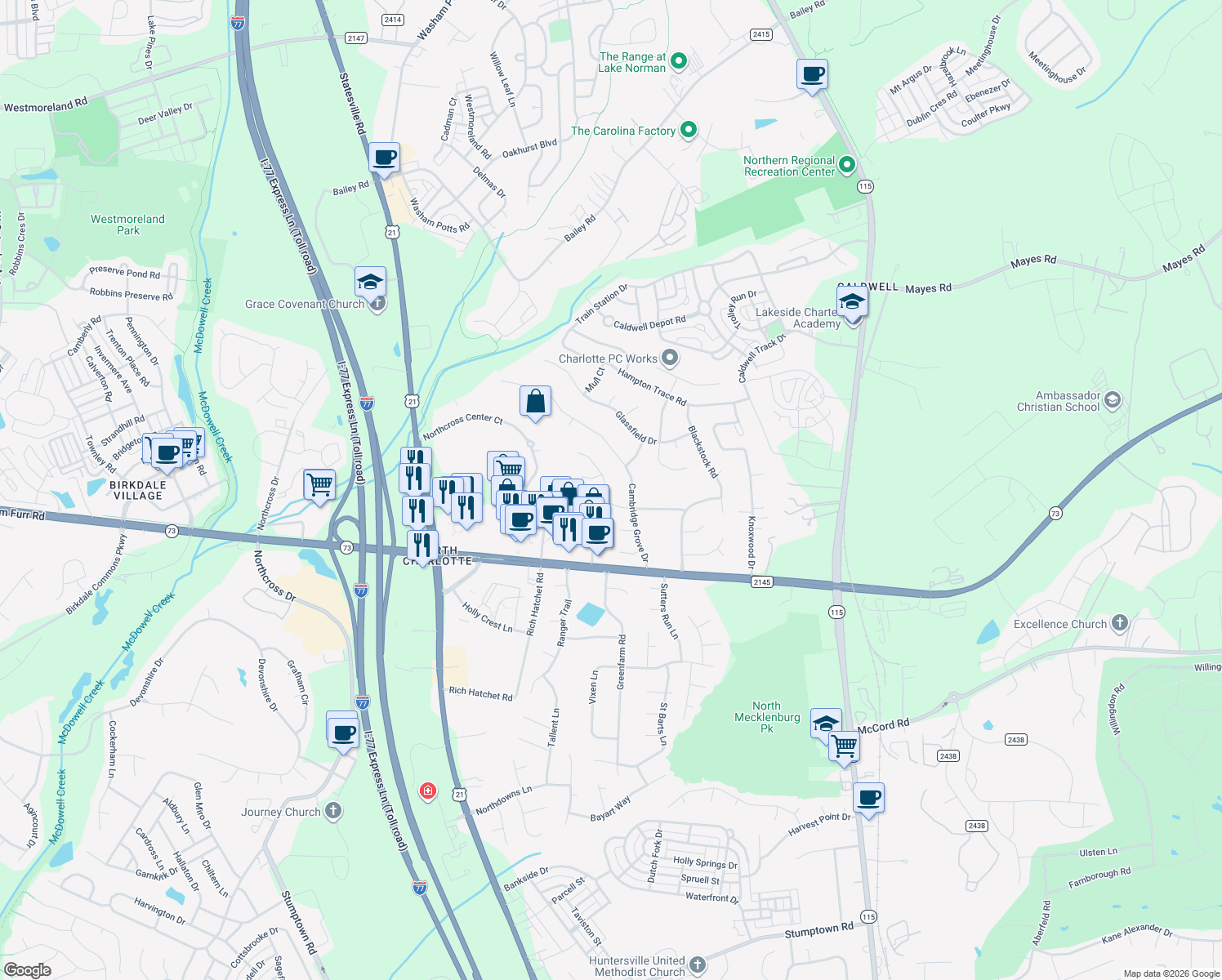 map of restaurants, bars, coffee shops, grocery stores, and more near 16908 Stinson Avenue in Huntersville