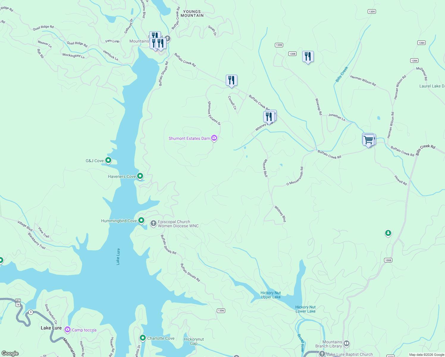 map of restaurants, bars, coffee shops, grocery stores, and more near 352 Kincaid Drive in Lake Lure