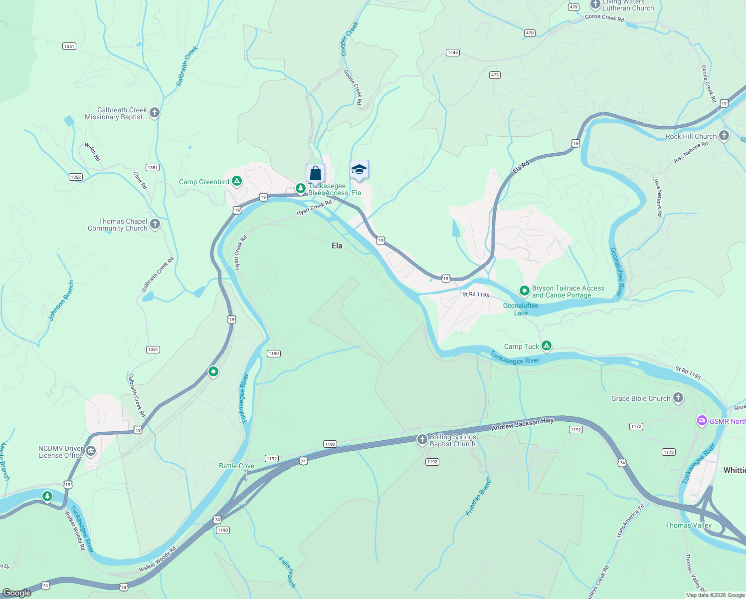 map of restaurants, bars, coffee shops, grocery stores, and more near 880 Ela Lane in Bryson City