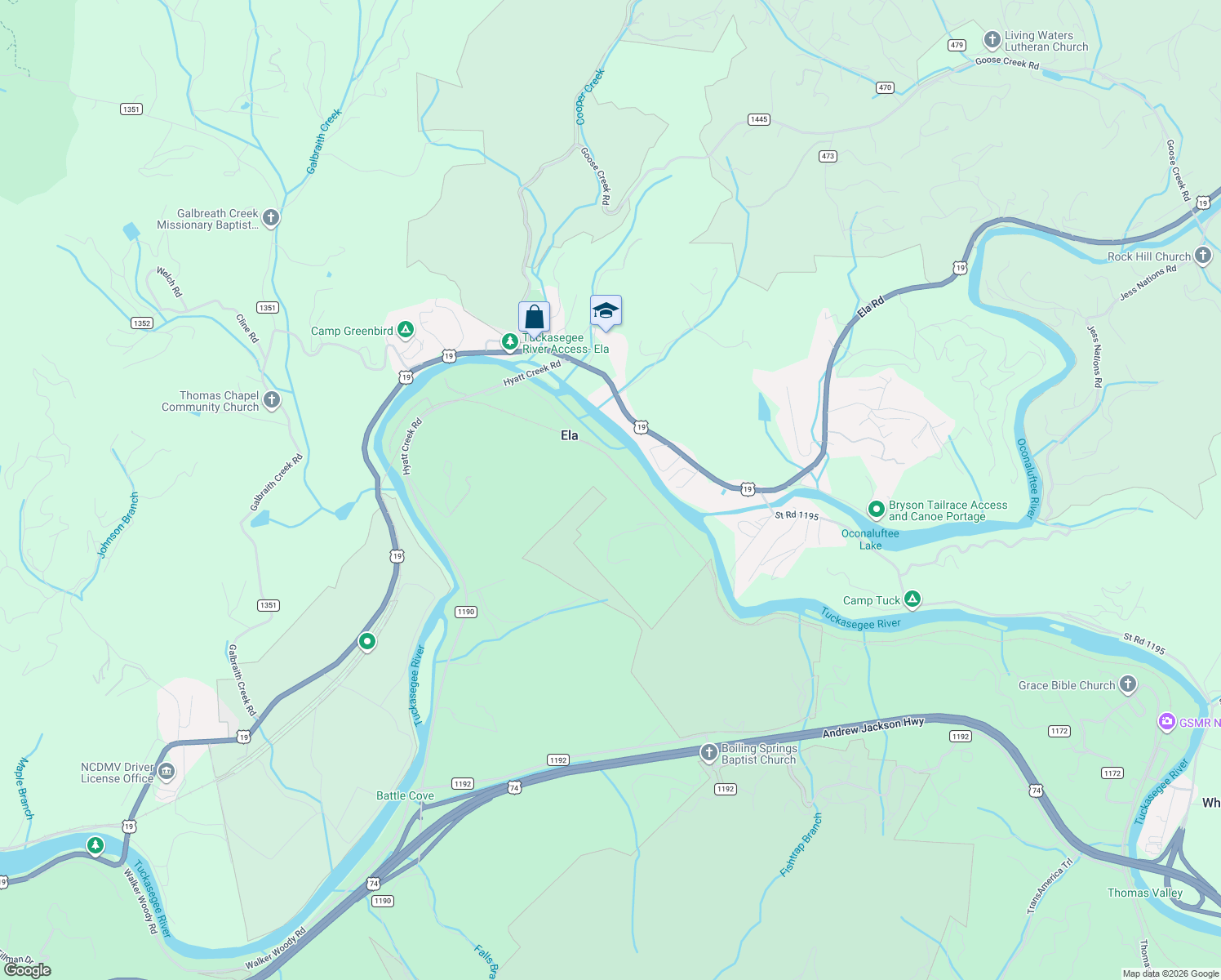 map of restaurants, bars, coffee shops, grocery stores, and more near 880 Ela Lane in Bryson City