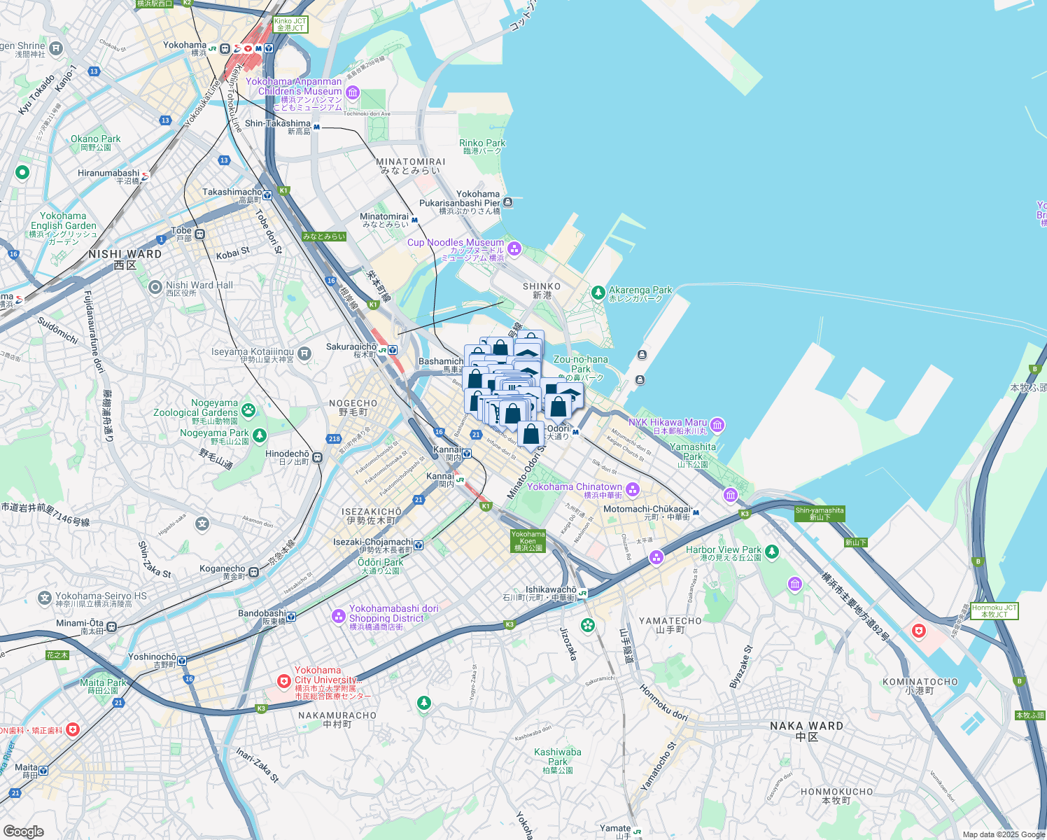 map of restaurants, bars, coffee shops, grocery stores, and more near in Yokohama