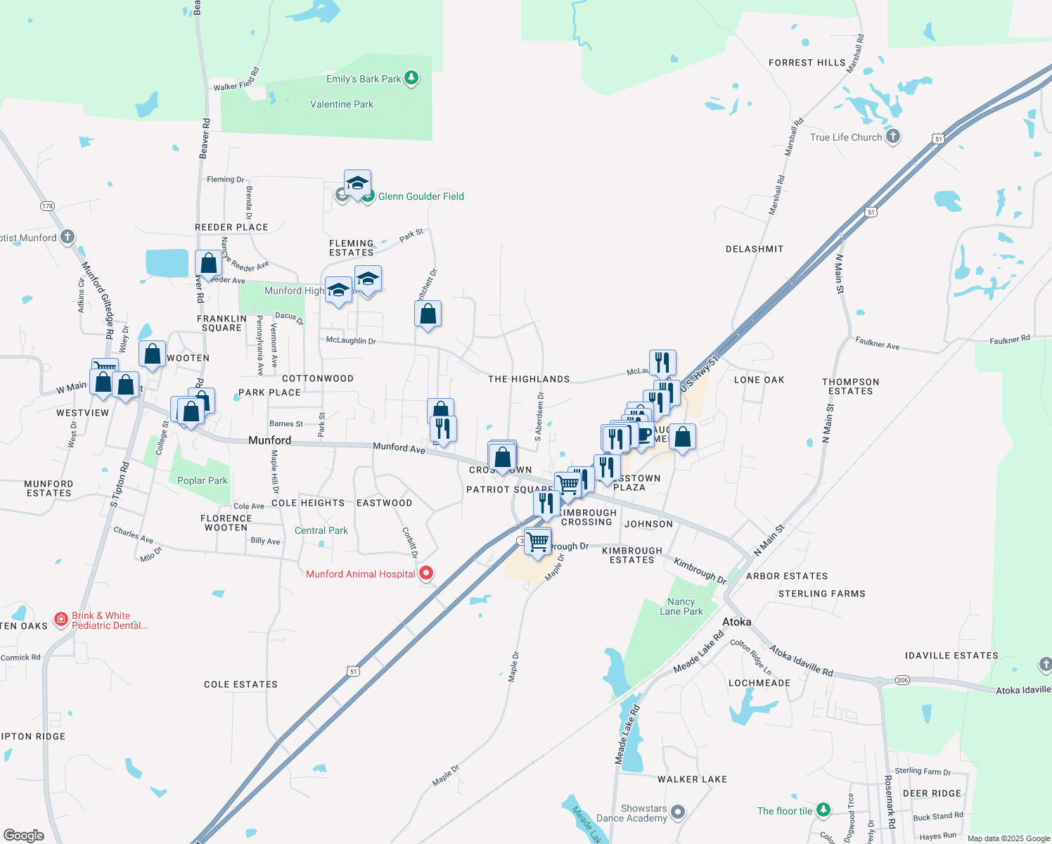 map of restaurants, bars, coffee shops, grocery stores, and more near 34 Dundee Cove in Munford