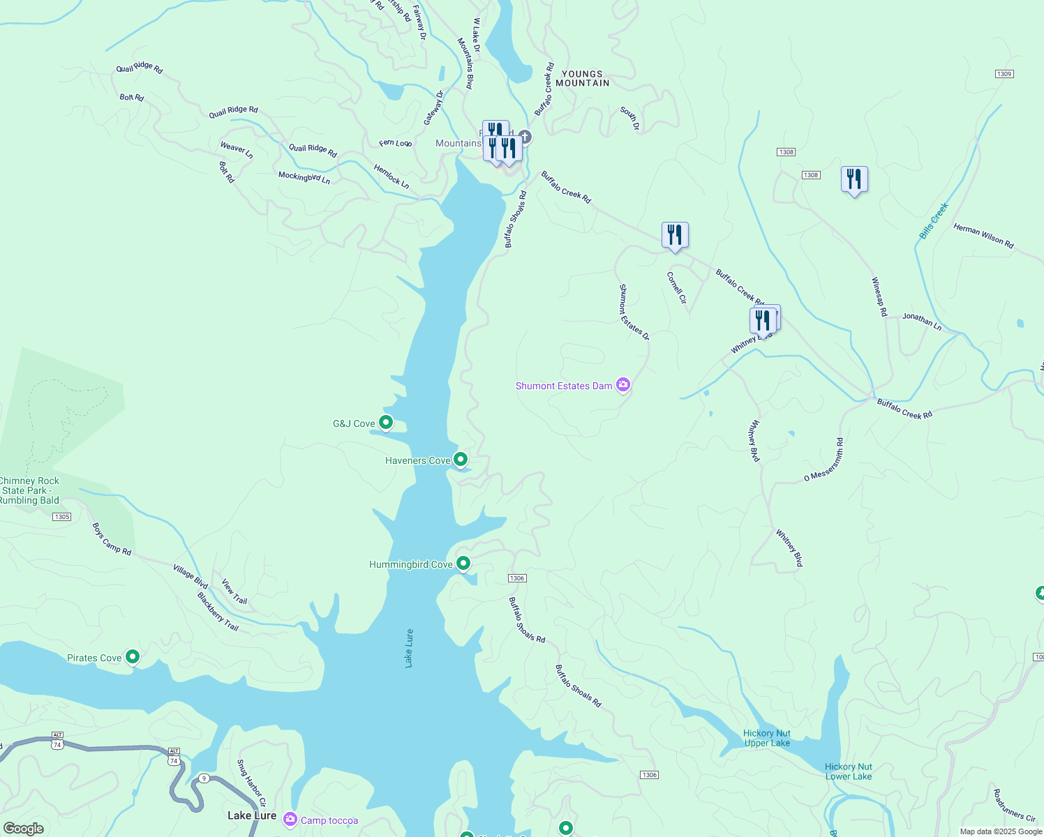 map of restaurants, bars, coffee shops, grocery stores, and more near 211 Hawks Nest Trail in Lake Lure