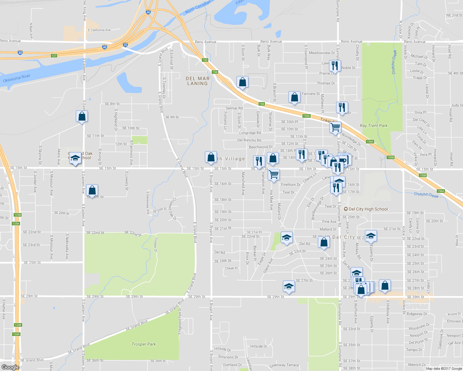 map of restaurants, bars, coffee shops, grocery stores, and more near 3210 Southeast 16th Street in Del City