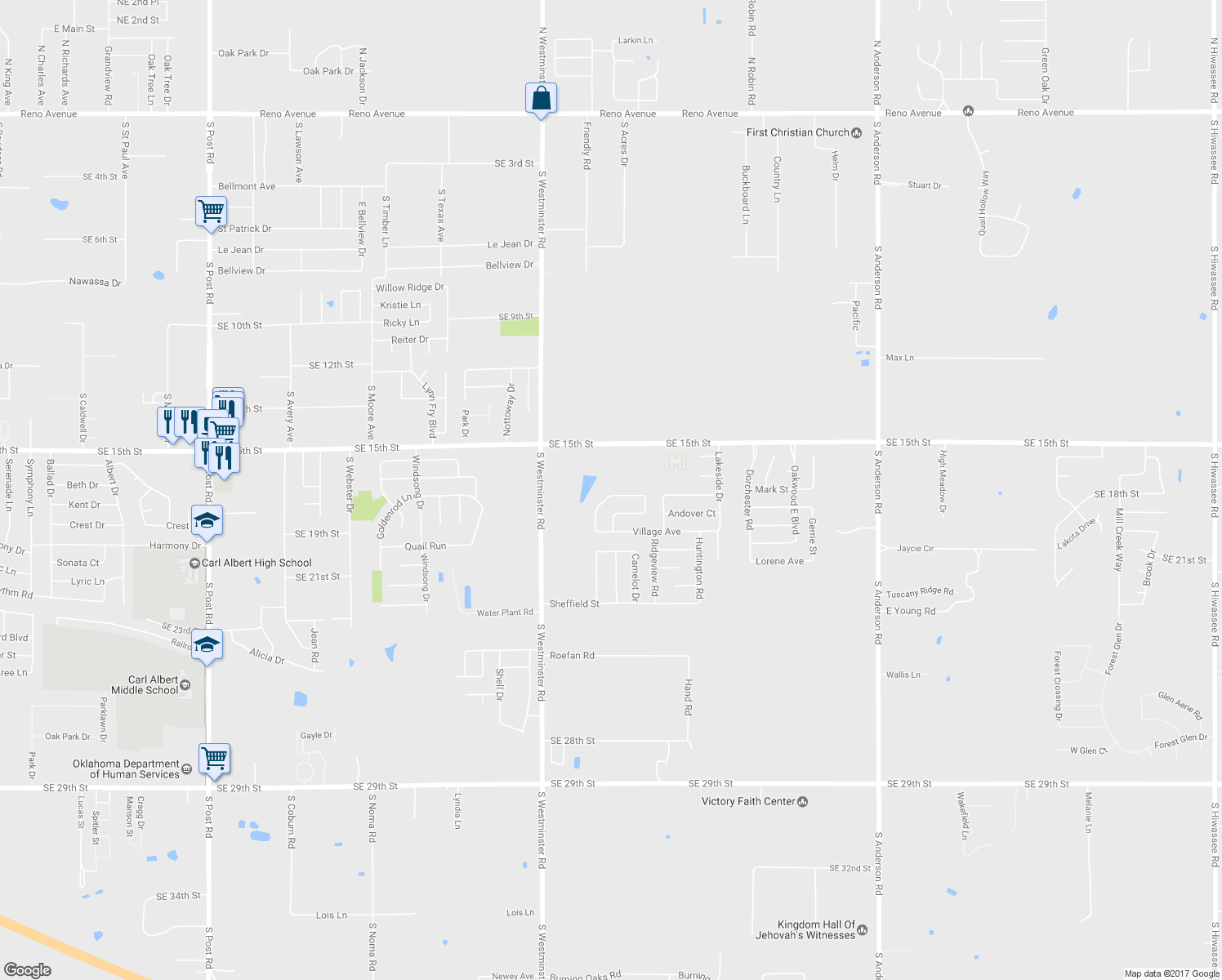 map of restaurants, bars, coffee shops, grocery stores, and more near 11361 Leslie Beachler Lane in Midwest City