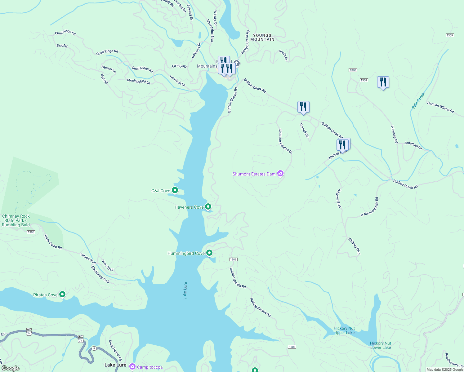 map of restaurants, bars, coffee shops, grocery stores, and more near 211 Hawks Nest Trail in Lake Lure