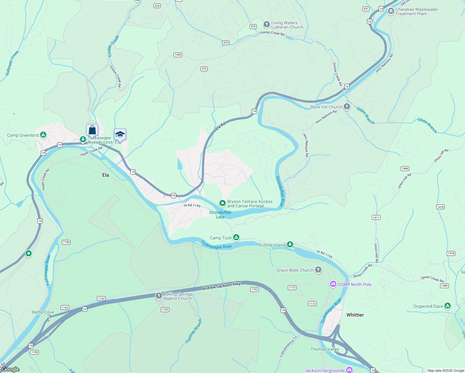 map of restaurants, bars, coffee shops, grocery stores, and more near 231 Luftee Lake Road in Bryson City