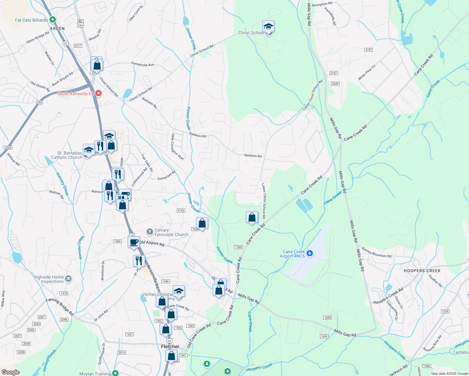map of restaurants, bars, coffee shops, grocery stores, and more near 84 Robinson Drive in Fletcher