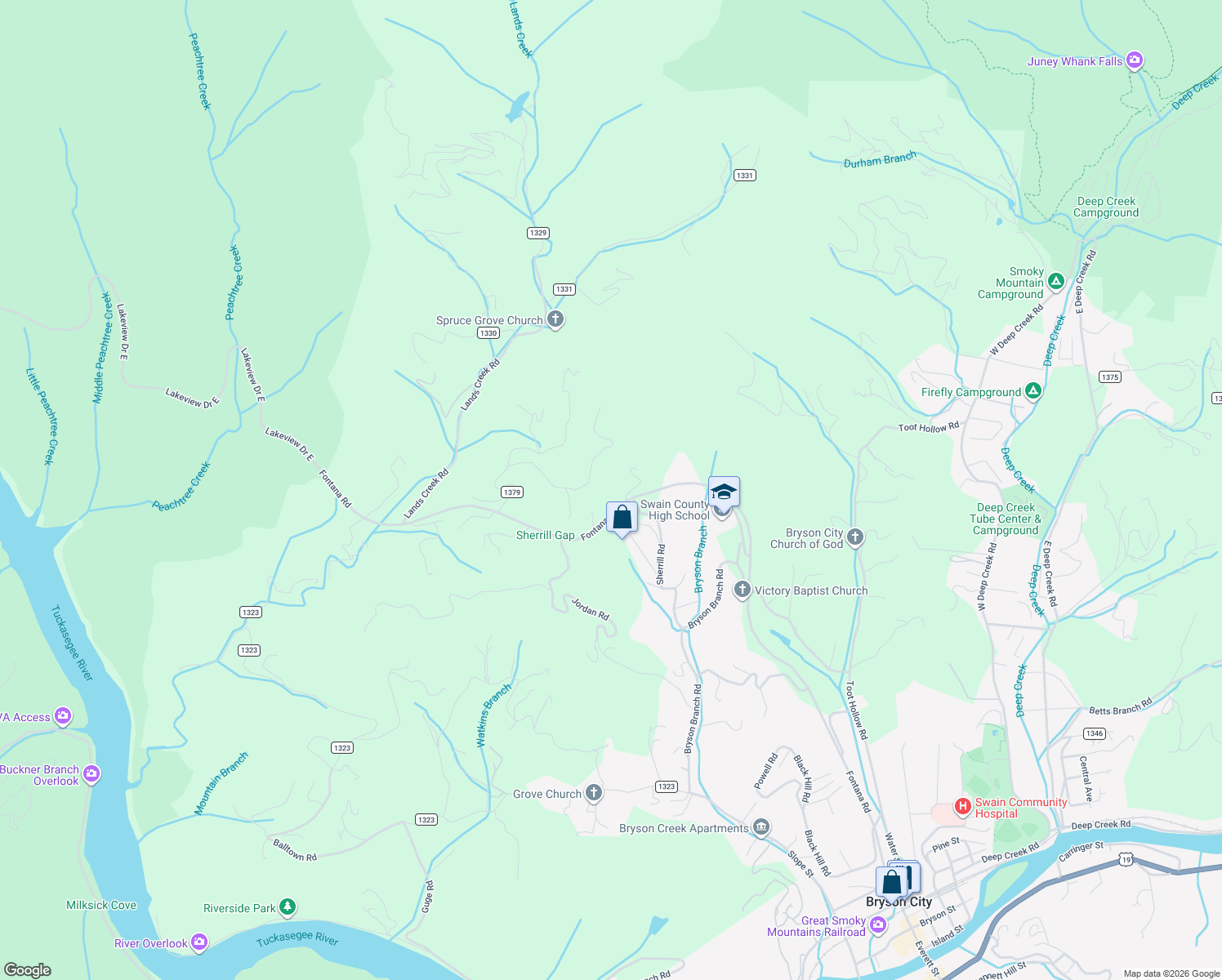 map of restaurants, bars, coffee shops, grocery stores, and more near 2074 Fontana Road in Bryson City