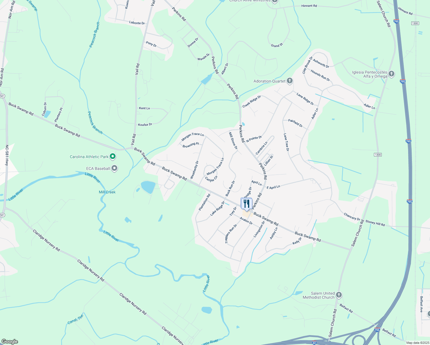 map of restaurants, bars, coffee shops, grocery stores, and more near 206 Morgan Trace Lane in Goldsboro