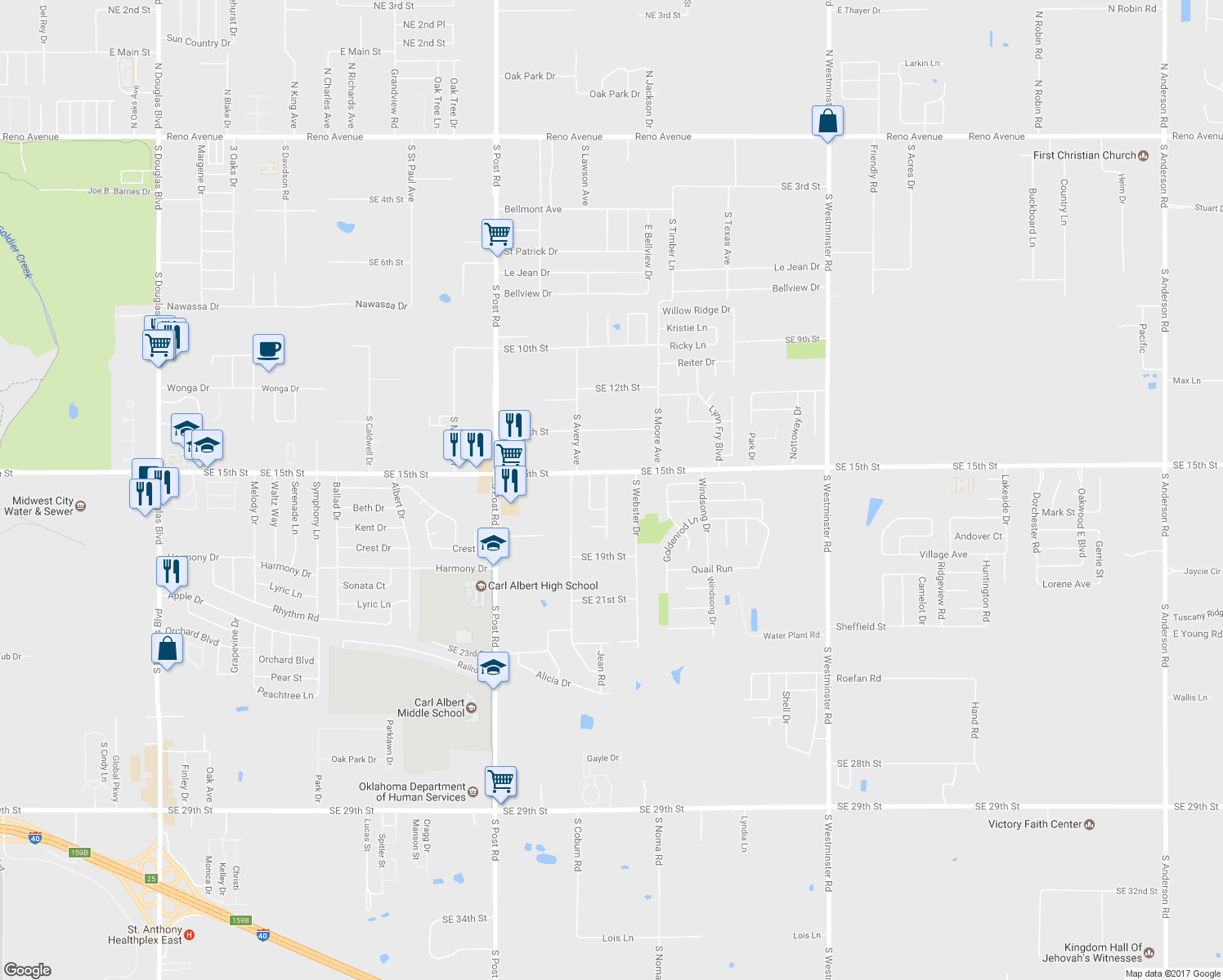 map of restaurants, bars, coffee shops, grocery stores, and more near 1612 Haven Drive in Midwest City
