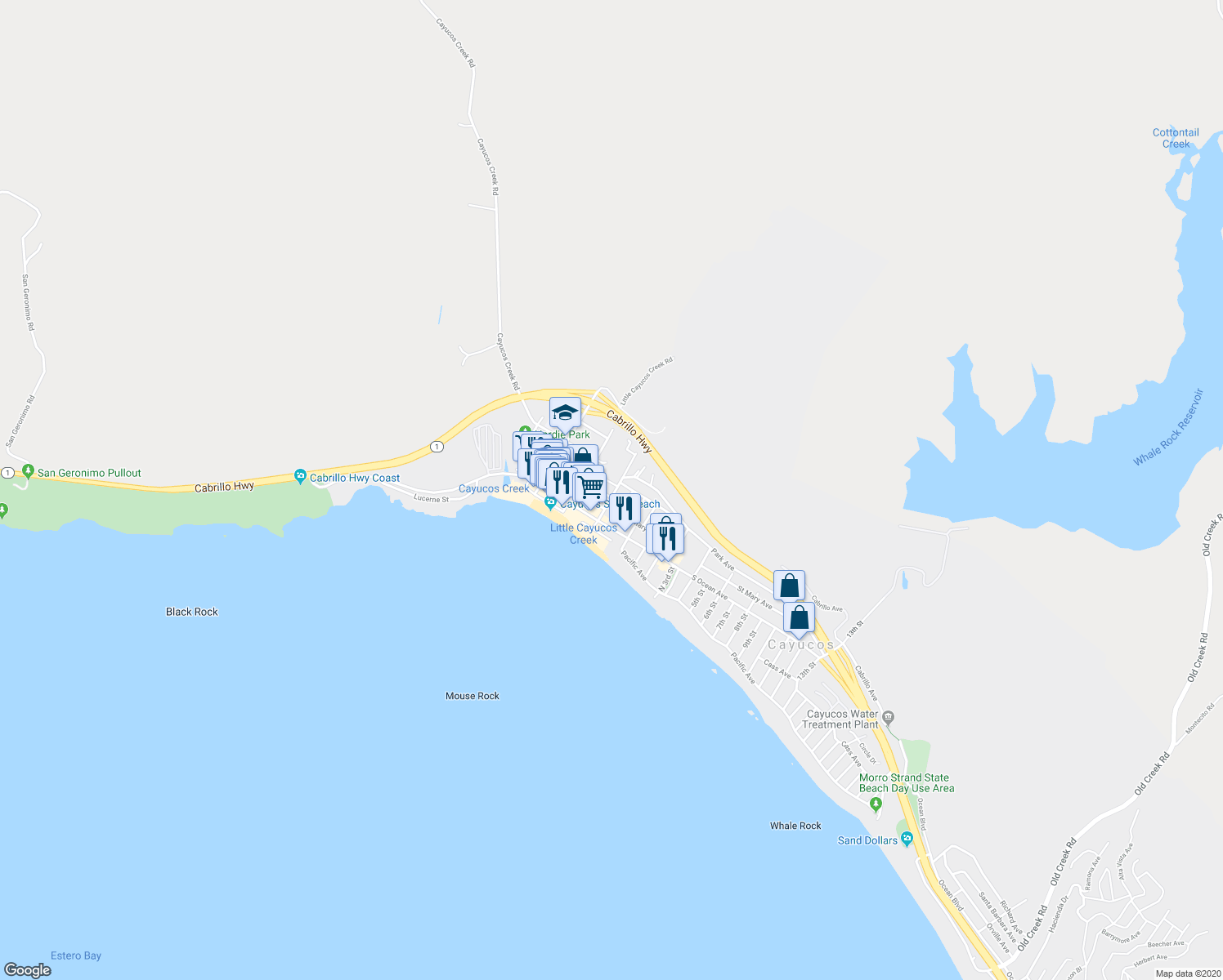 map of restaurants, bars, coffee shops, grocery stores, and more near 2 Ash Avenue in Cayucos