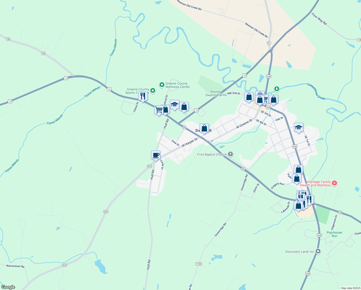 map of restaurants, bars, coffee shops, grocery stores, and more near 617 West Harper Street in Snow Hill