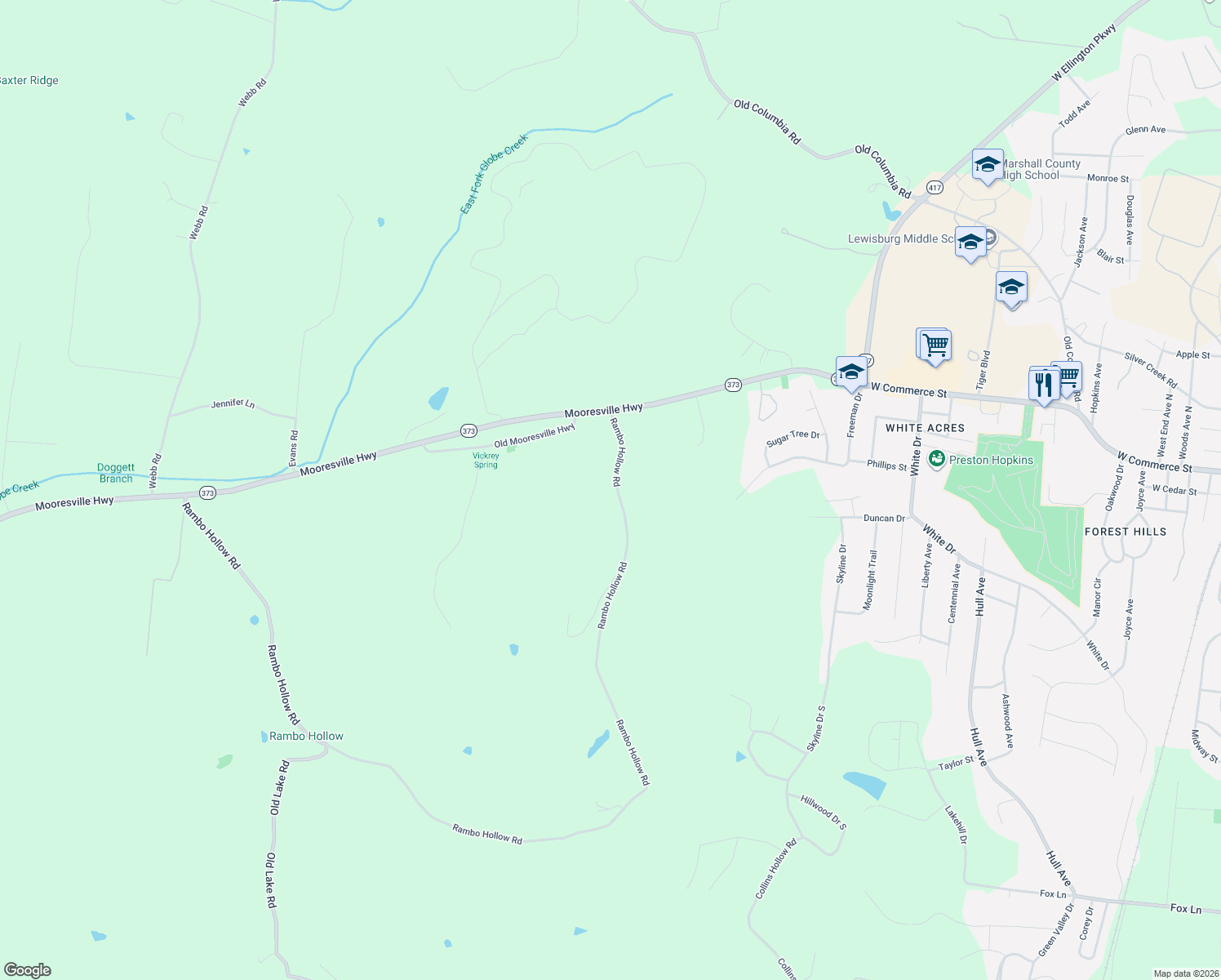 map of restaurants, bars, coffee shops, grocery stores, and more near 1057 Rambo Hollow Road in Lewisburg