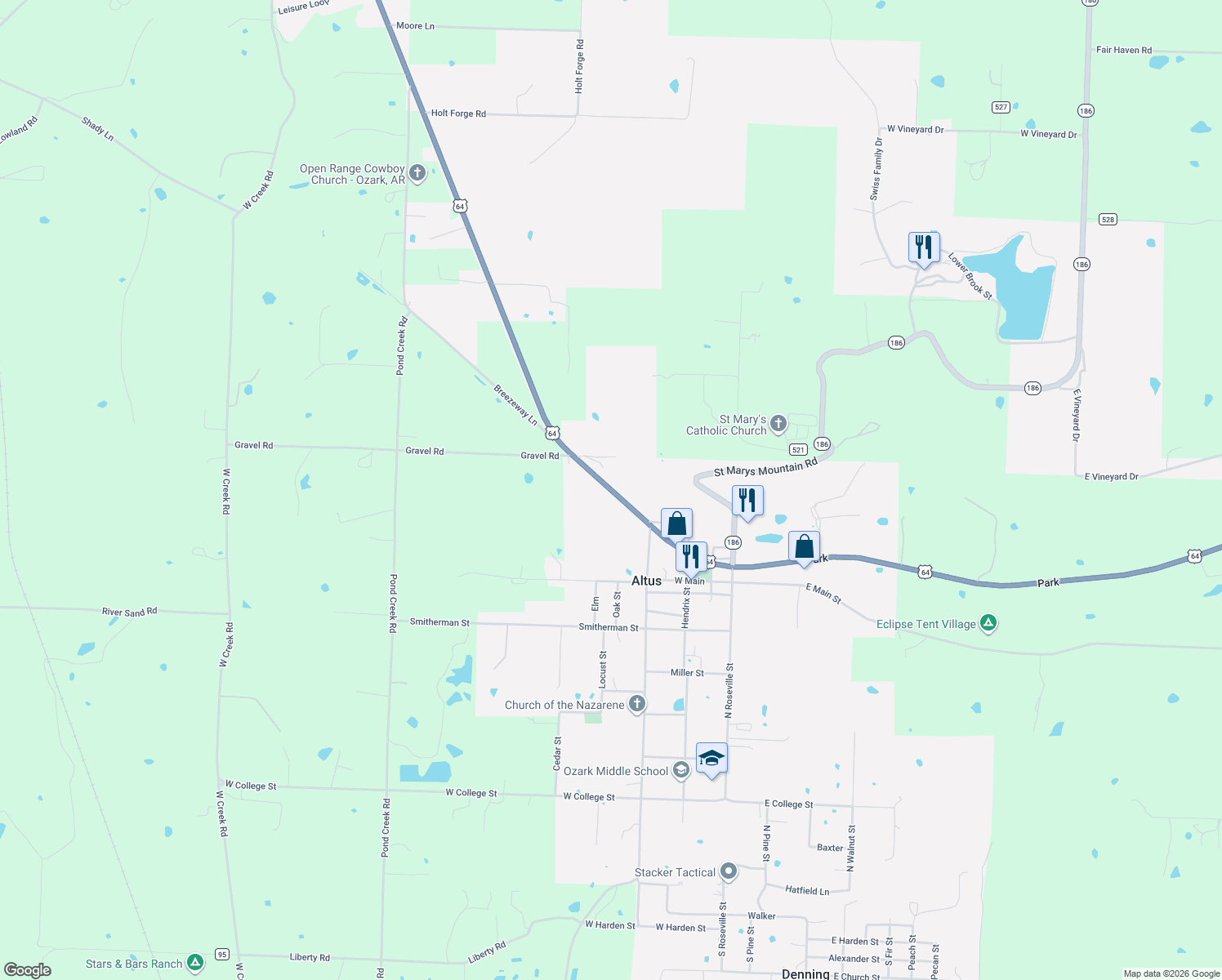 map of restaurants, bars, coffee shops, grocery stores, and more near W Park St in Altus