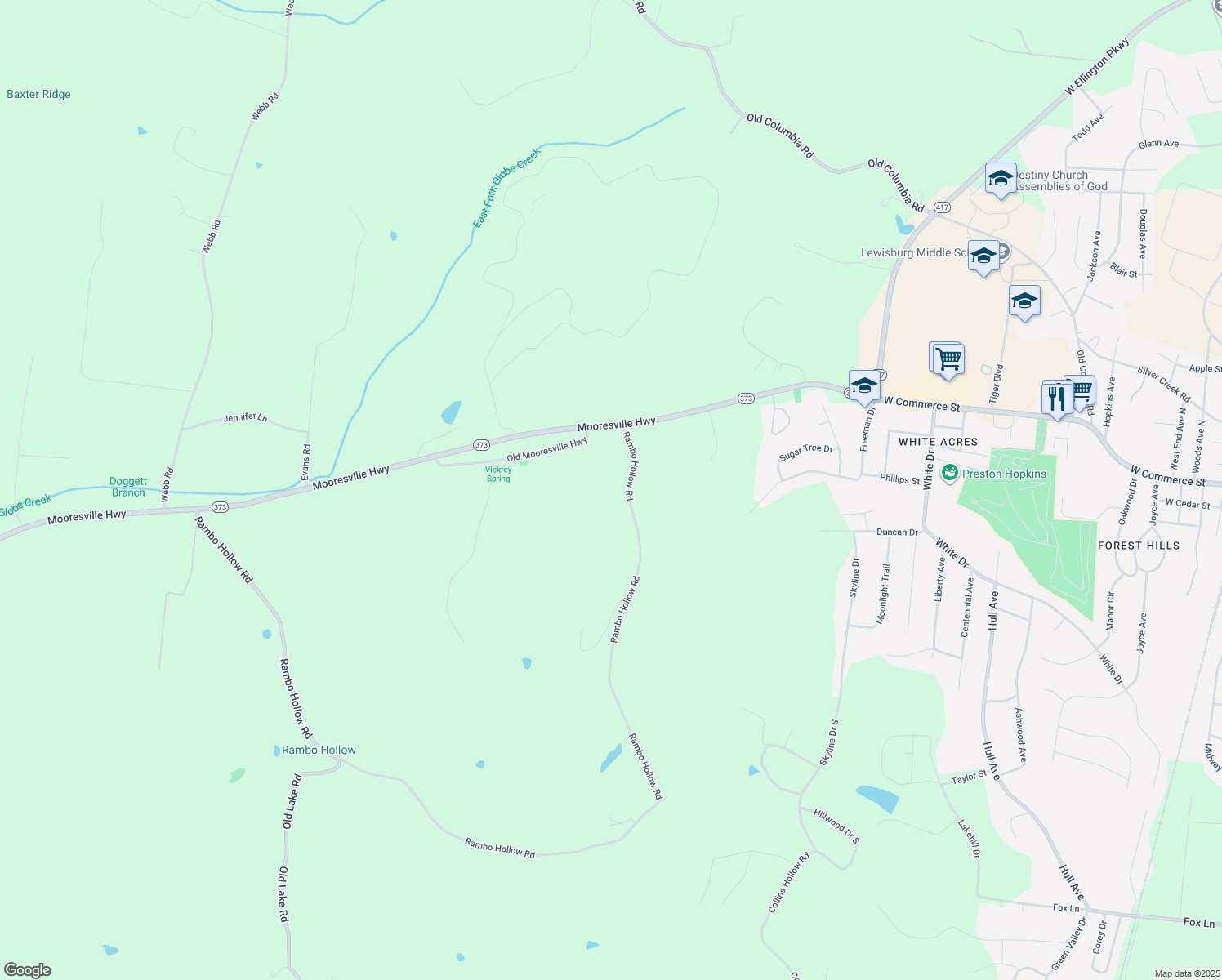 map of restaurants, bars, coffee shops, grocery stores, and more near 2259 Mooresville Highway in Lewisburg
