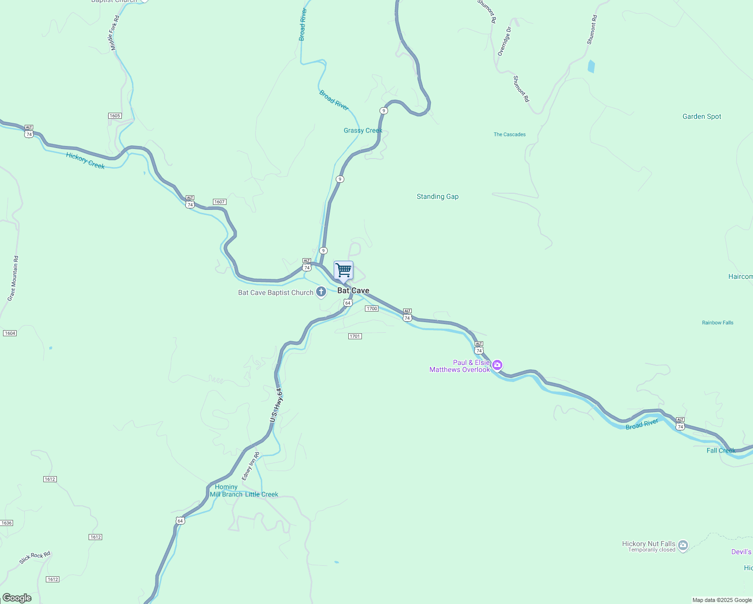 map of restaurants, bars, coffee shops, grocery stores, and more near 84 Lake Lure Highway in Bat Cave