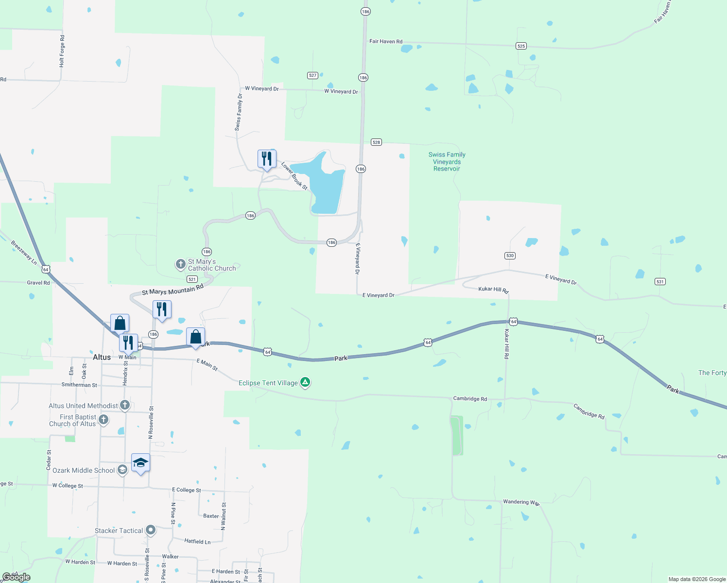 map of restaurants, bars, coffee shops, grocery stores, and more near 309 East Vineyard Drive in Altus