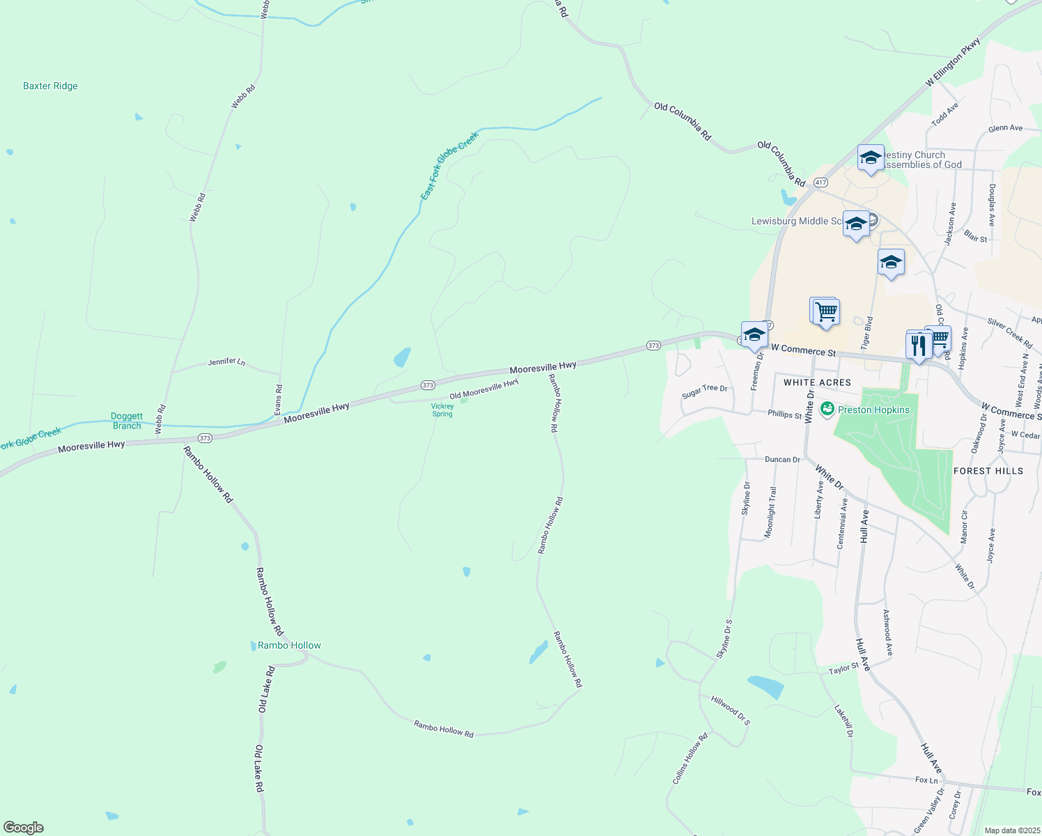 map of restaurants, bars, coffee shops, grocery stores, and more near 2259 Mooresville Highway in Lewisburg