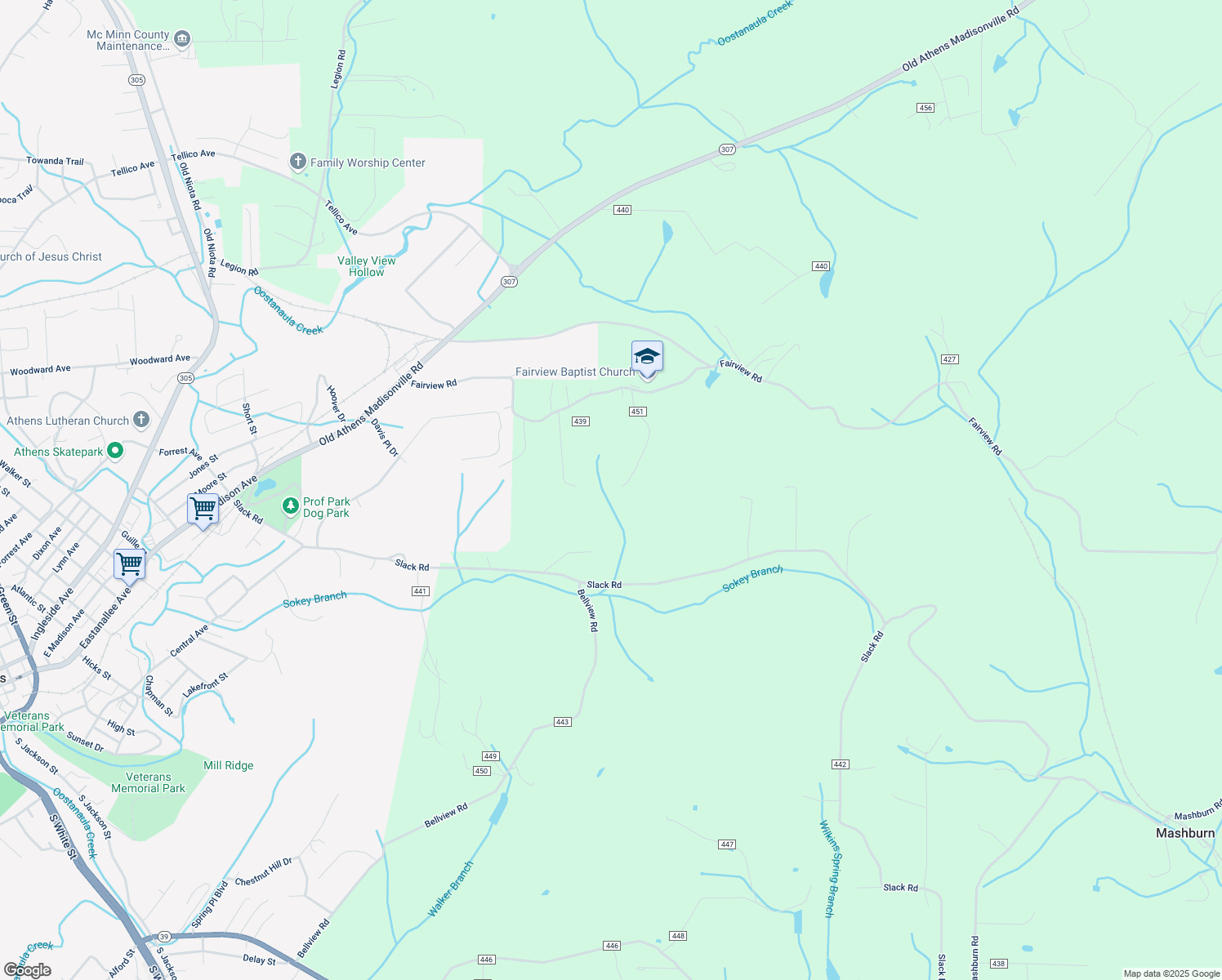 map of restaurants, bars, coffee shops, grocery stores, and more near 154 County Road 451 in Athens