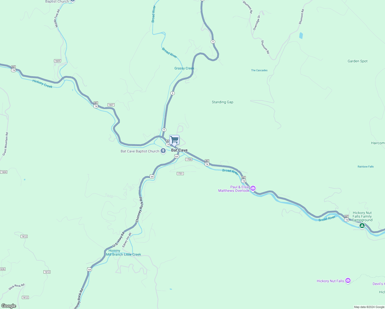 map of restaurants, bars, coffee shops, grocery stores, and more near in Bat Cave