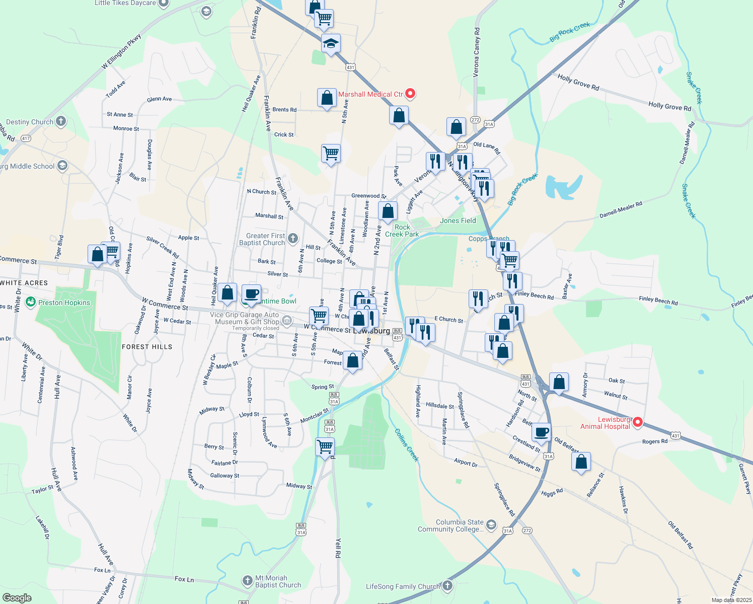 map of restaurants, bars, coffee shops, grocery stores, and more near 118 Water St in Lewisburg