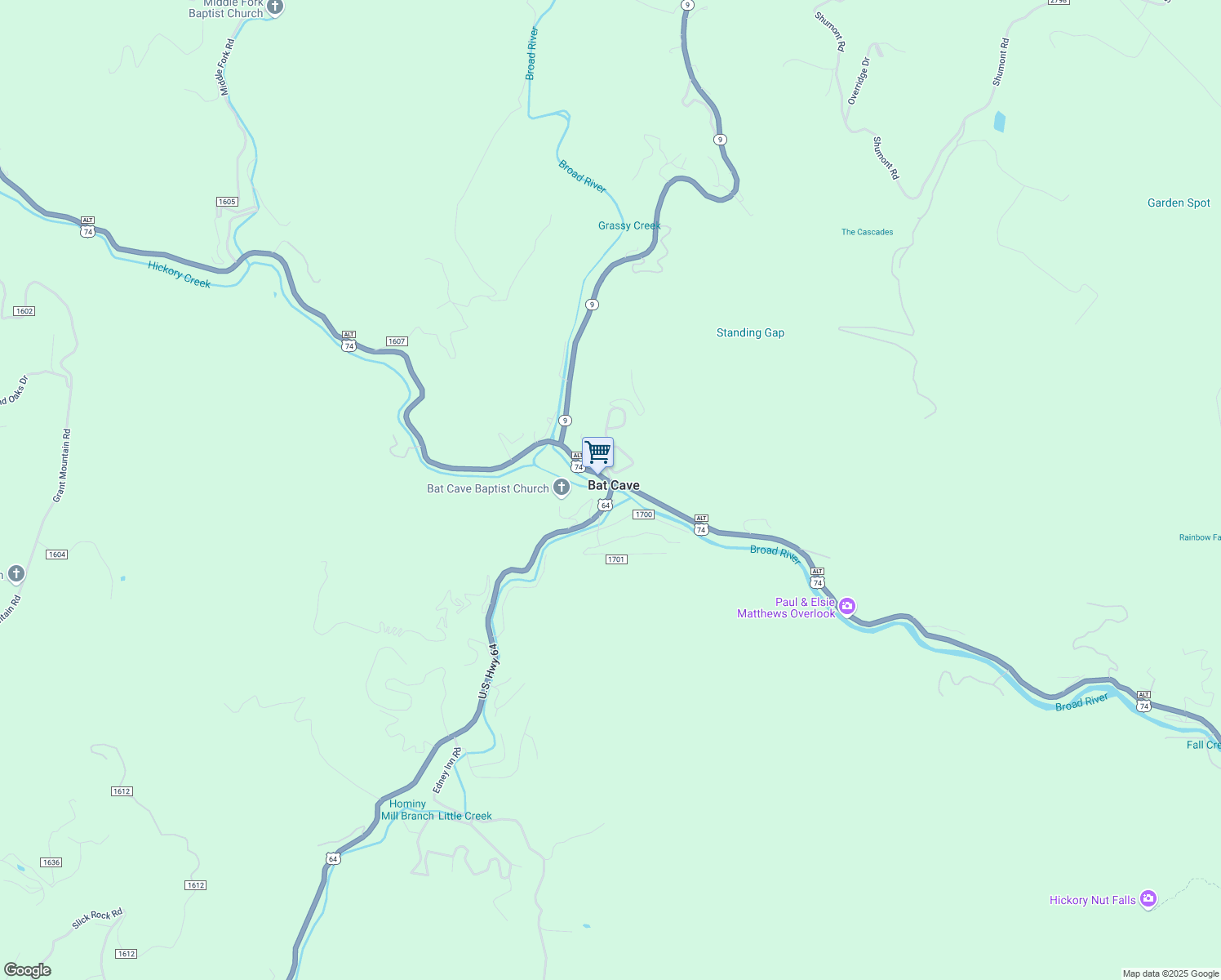 map of restaurants, bars, coffee shops, grocery stores, and more near in Bat Cave