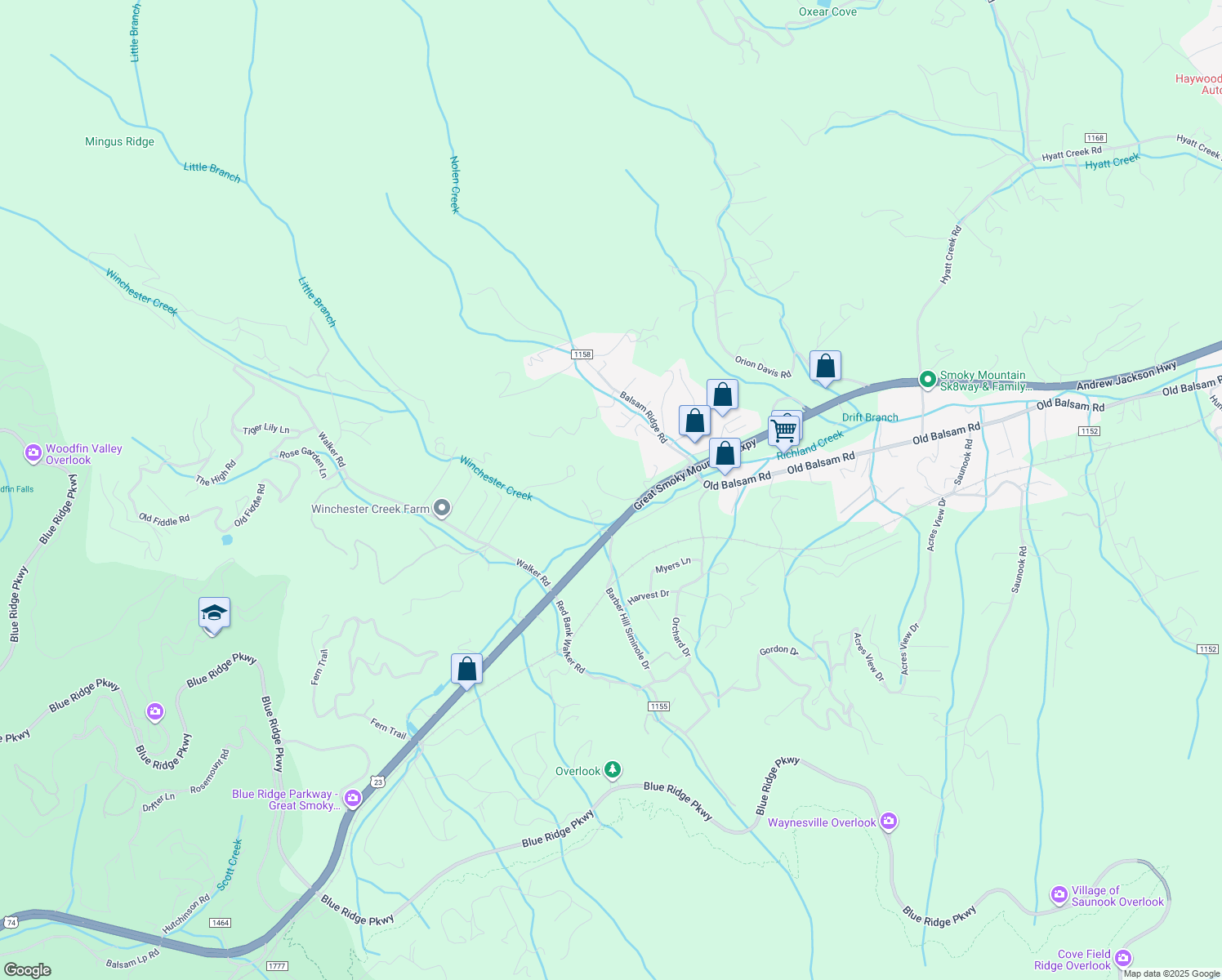 map of restaurants, bars, coffee shops, grocery stores, and more near 95 Trull Lane in Waynesville