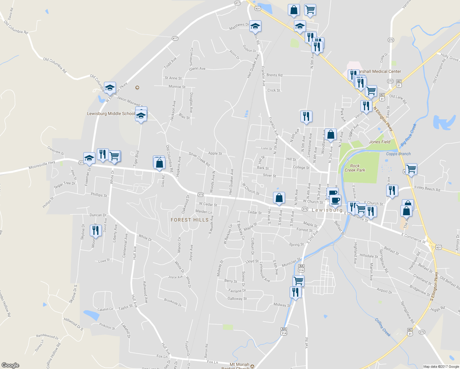 map of restaurants, bars, coffee shops, grocery stores, and more near 220 Heil Quaker Avenue in Lewisburg