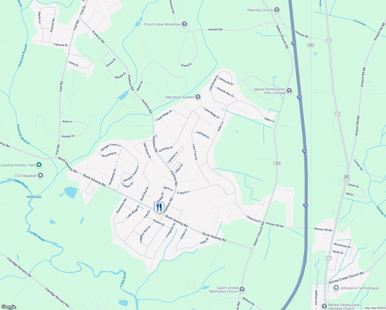 map of restaurants, bars, coffee shops, grocery stores, and more near 210 Lane Tree Drive in Goldsboro