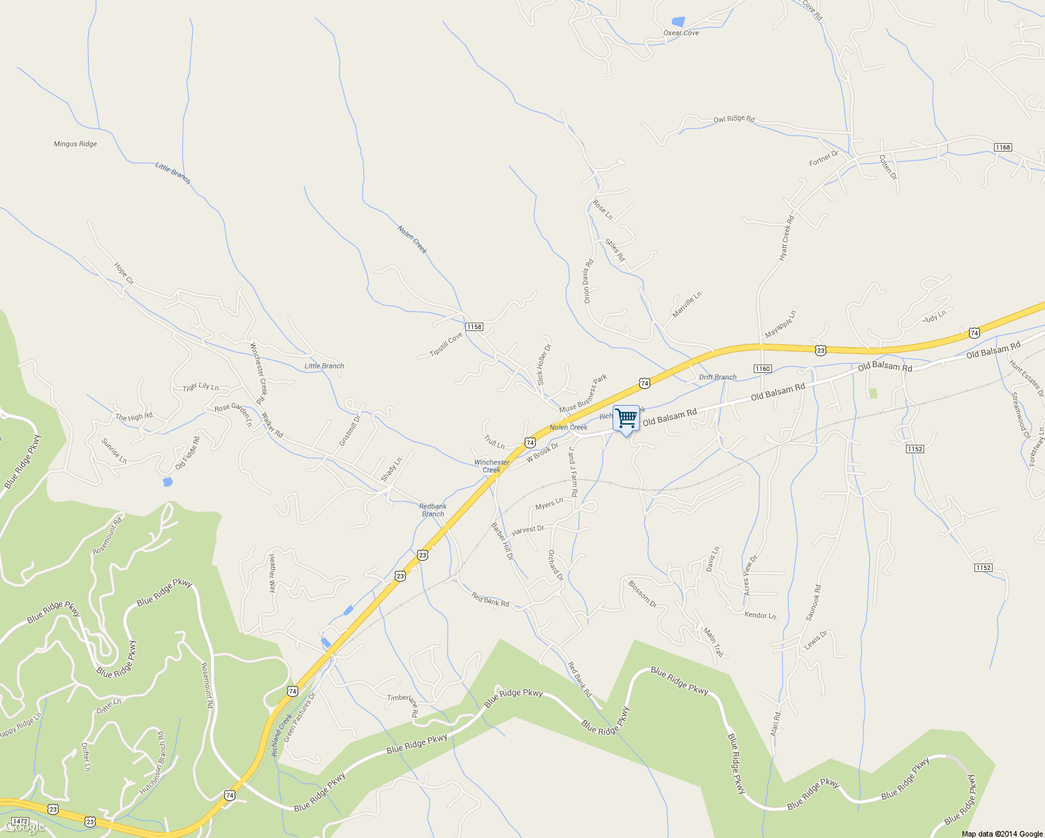 map of restaurants, bars, coffee shops, grocery stores, and more near 79 Mistletoe Ridge in Waynesville