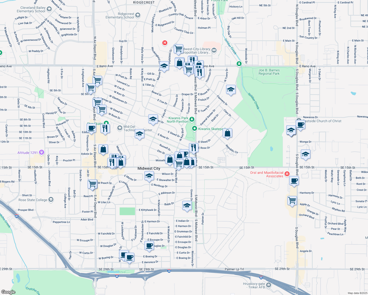 map of restaurants, bars, coffee shops, grocery stores, and more near 516 E Rose Dr in Midwest City