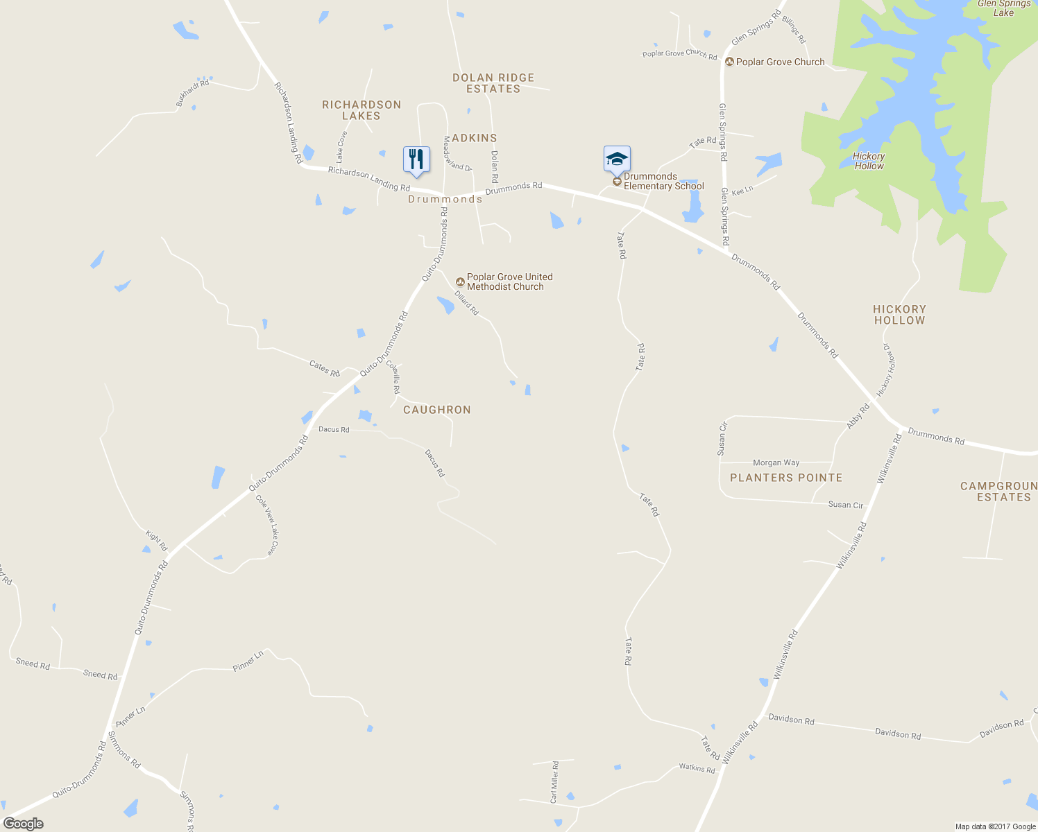 map of restaurants, bars, coffee shops, grocery stores, and more near 447 Dillard Road in Drummonds