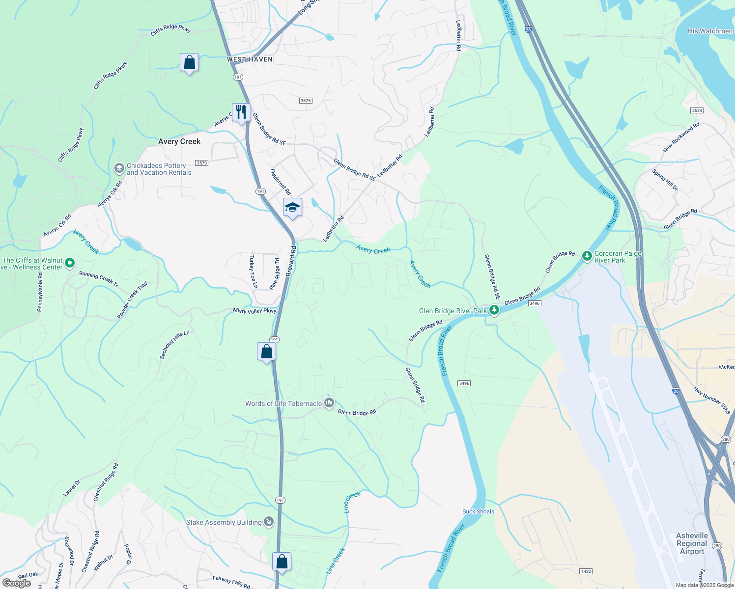 map of restaurants, bars, coffee shops, grocery stores, and more near 58 Lance Road in Arden